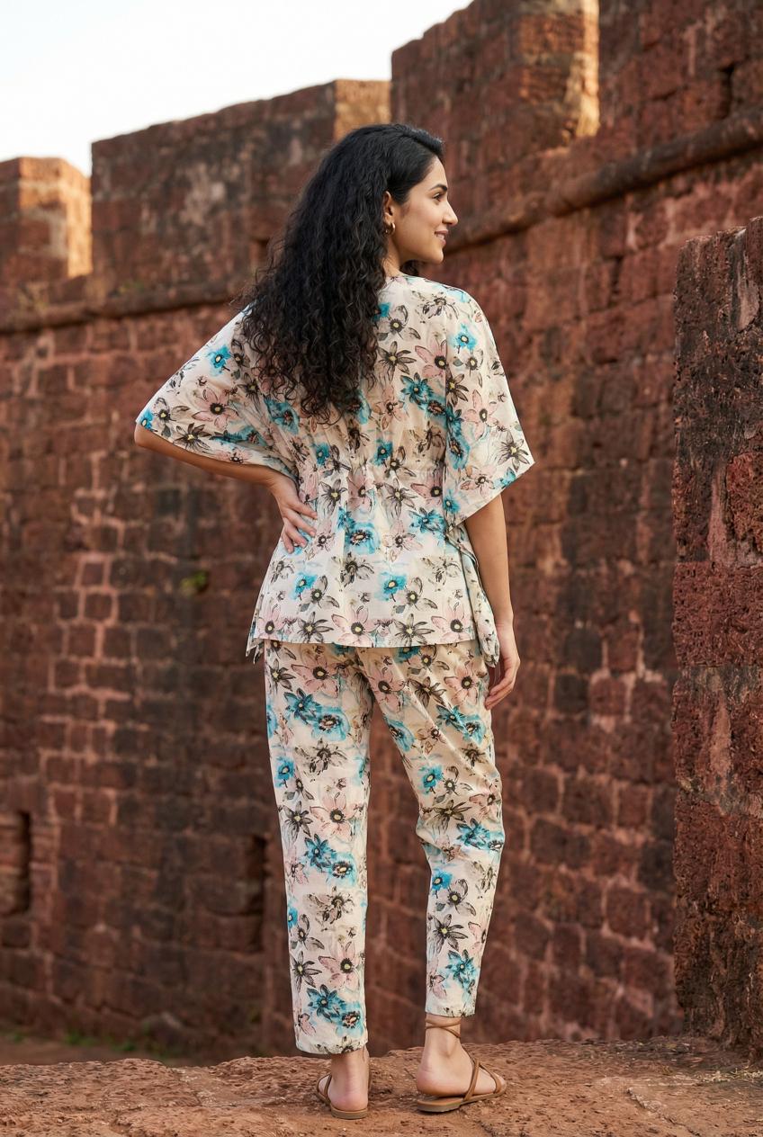 Multi Color Floral Print Night Suit Set For Women