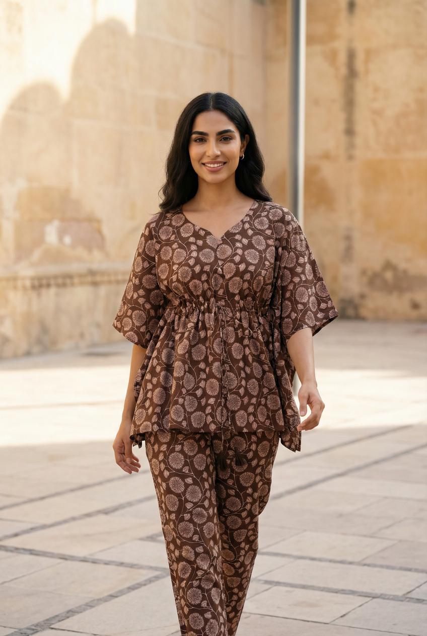 Brown V-Neck Pure Cotton Floral Printed Night Suit For Women