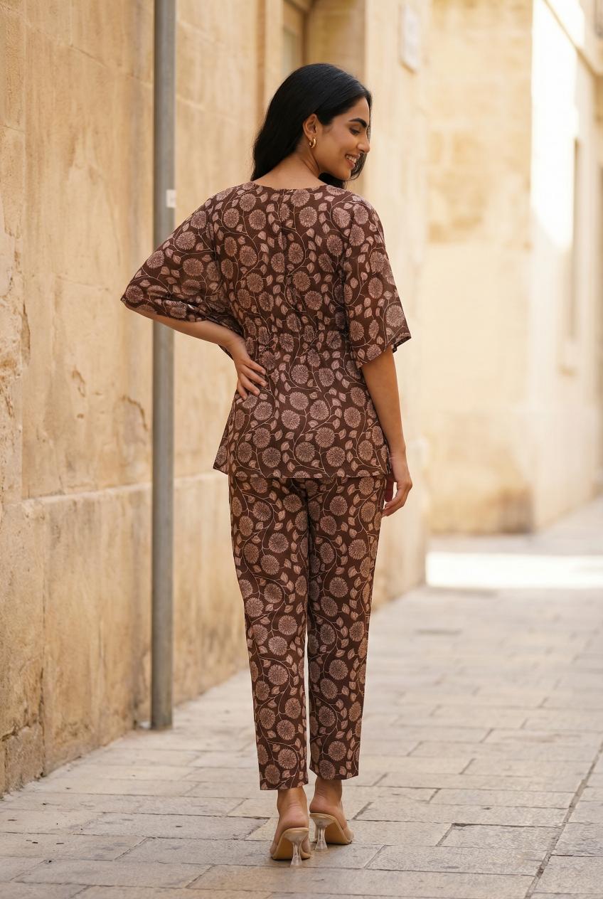 Brown V-Neck Pure Cotton Floral Printed Night Suit For Women