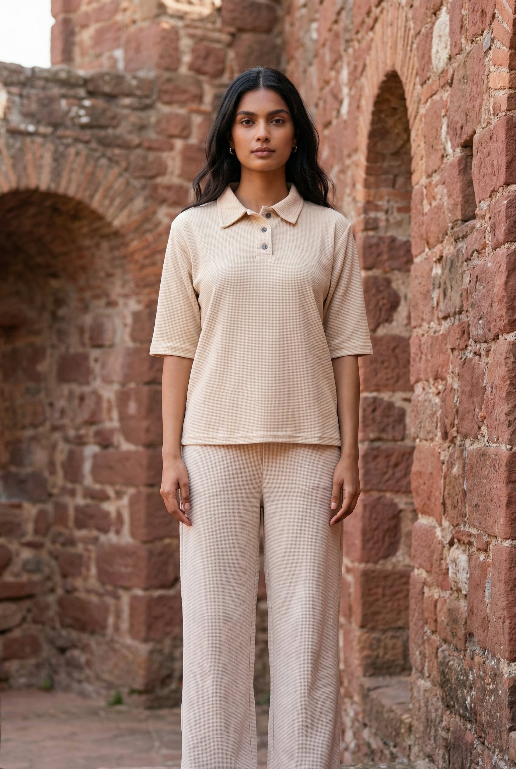 Beige Solid Print Shirt Collar Lycra Night Suit Set for Women