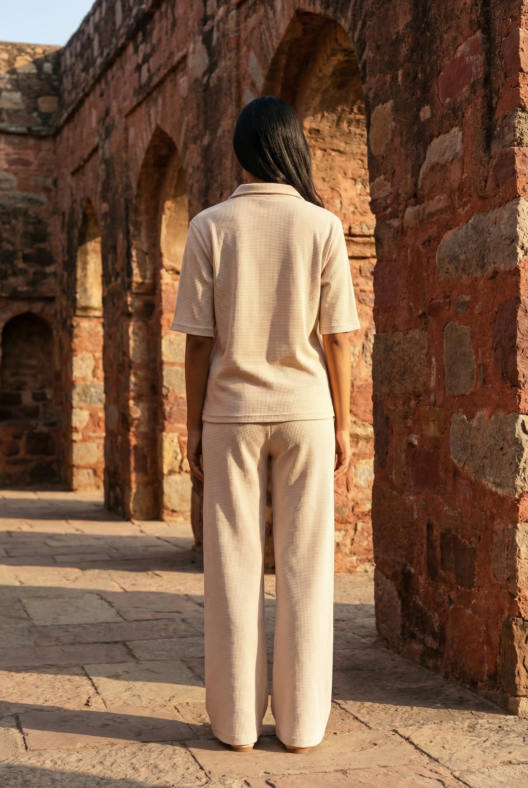 Beige Solid Print Shirt Collar Lycra Night Suit Set for Women