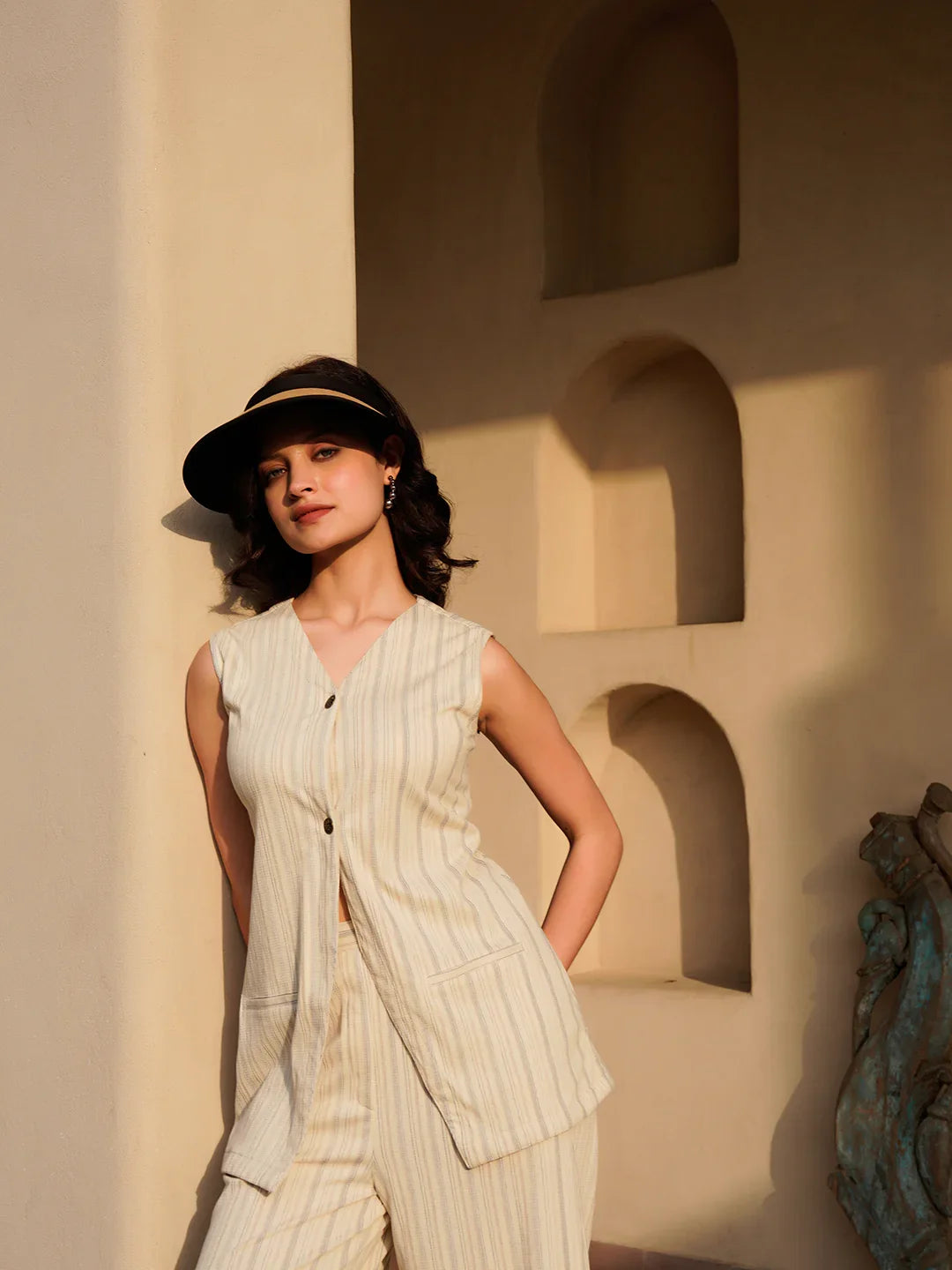 Off White V-Neck Cotton Blend Striped Co-ords Set for Women - SanskrutiHomes 