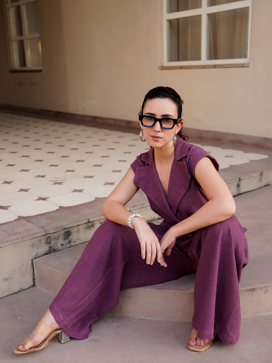 Magenta Shawl Neck Cotton Blend Solid Co-ords Set for Women