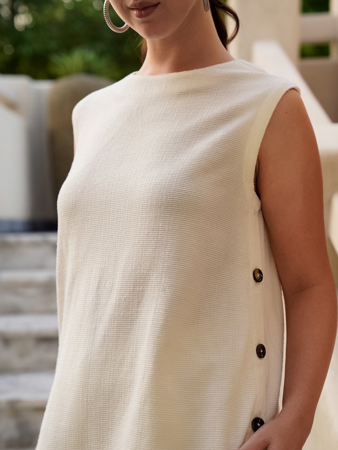 Cream Round Neck Cotton Blend Solid Co-ords Set for Women