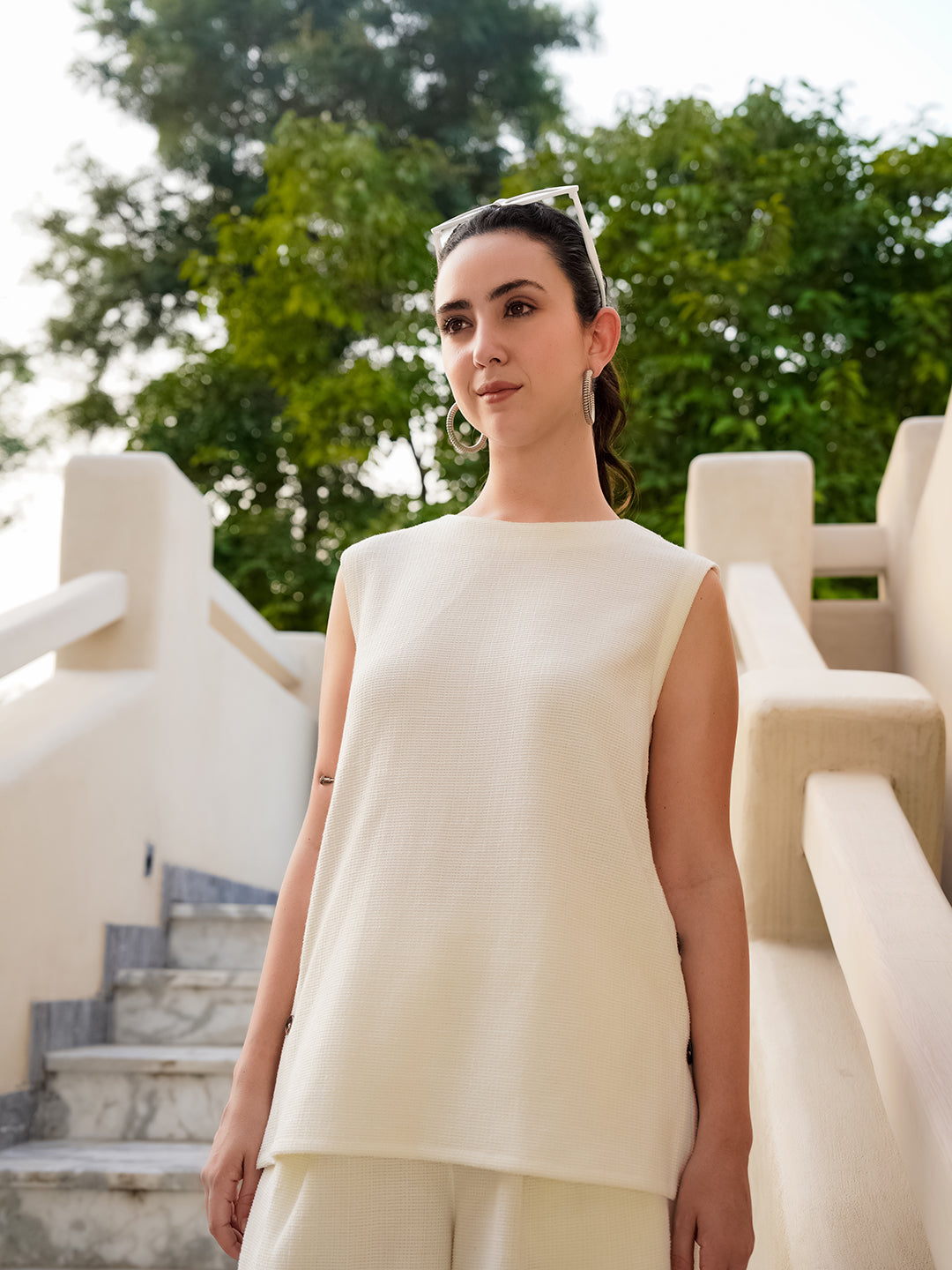 Cream Round Neck Cotton Blend Solid Co-ords Set for Women