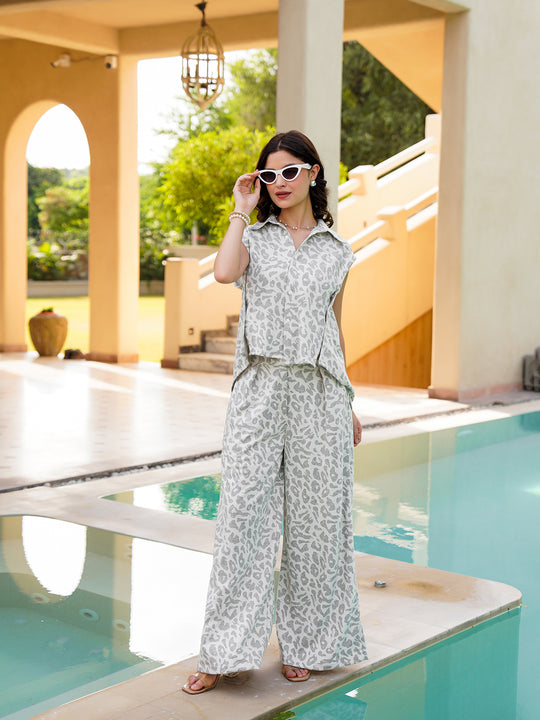 Grey Shirt Collar Cotton Blend Printed Co-ords Set for Women