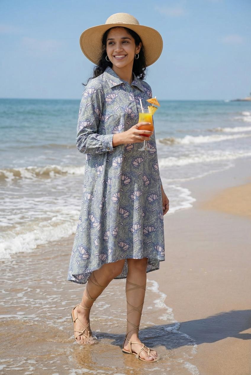 Grey & Pink Floral Printed Pure Cotton A-Line Nightdress For Women