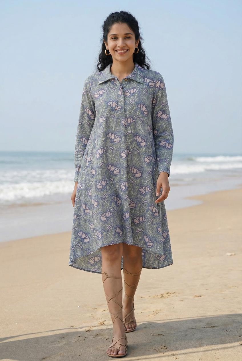 Grey & Pink Floral Printed Pure Cotton A-Line Nightdress For Women