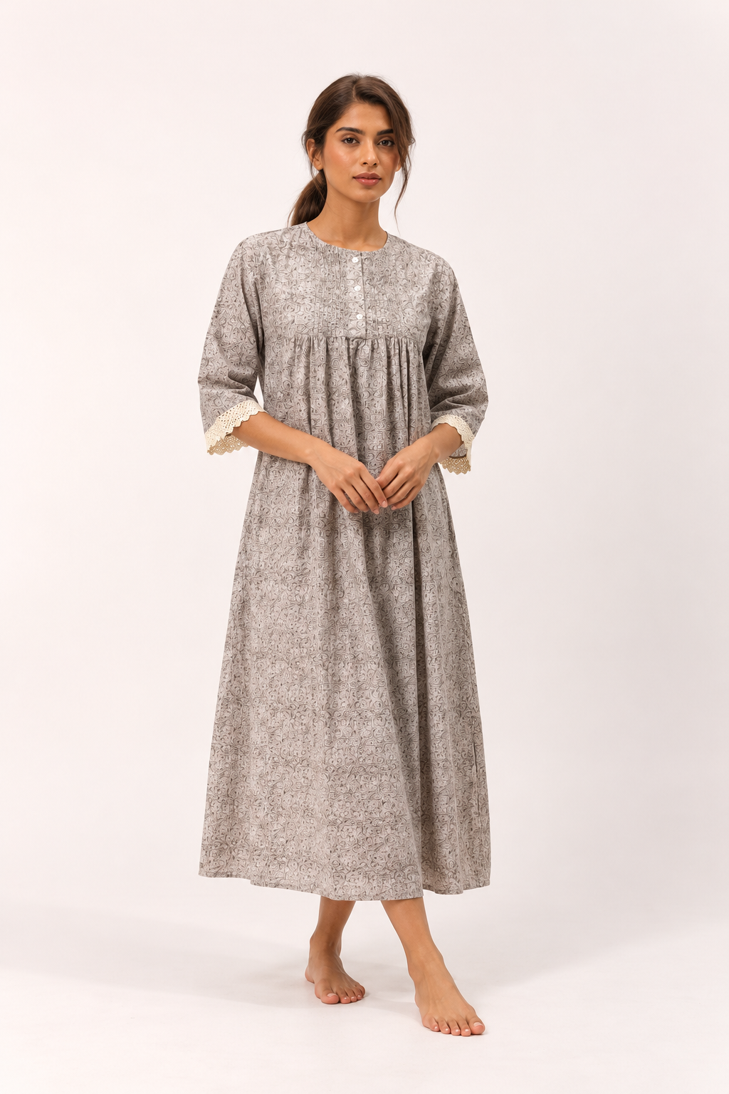 Beige Round Neck Floral Print Pure Cotton Nightdress For Women