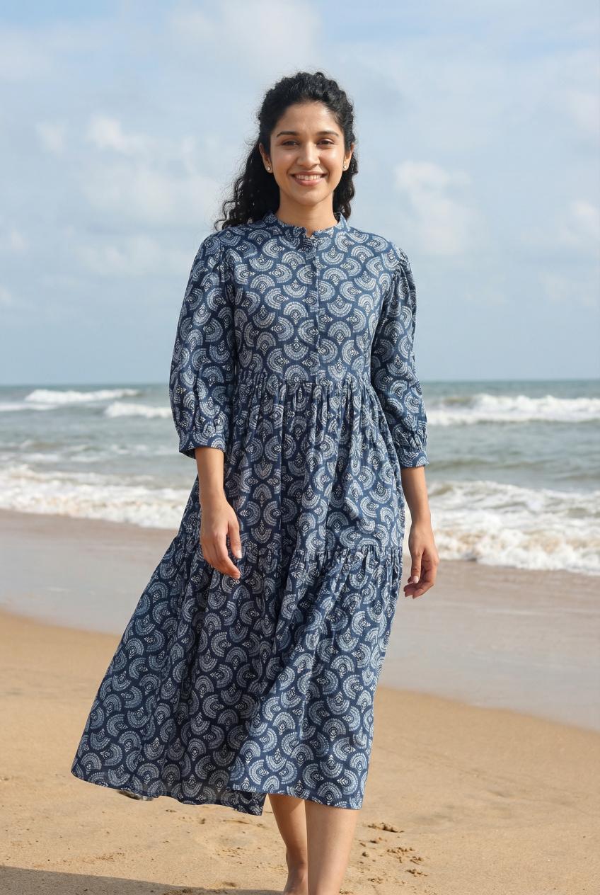 Blue Ethnic Motifs Printed Puff Sleeve Fit & Flare Midi Dress For Women
