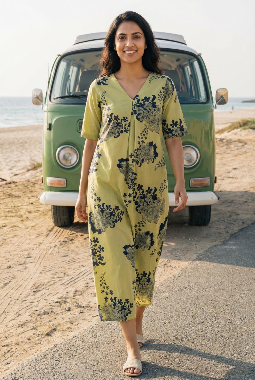 Musterd Floral Print V-Neck Pure Cotton Nightdress For Women