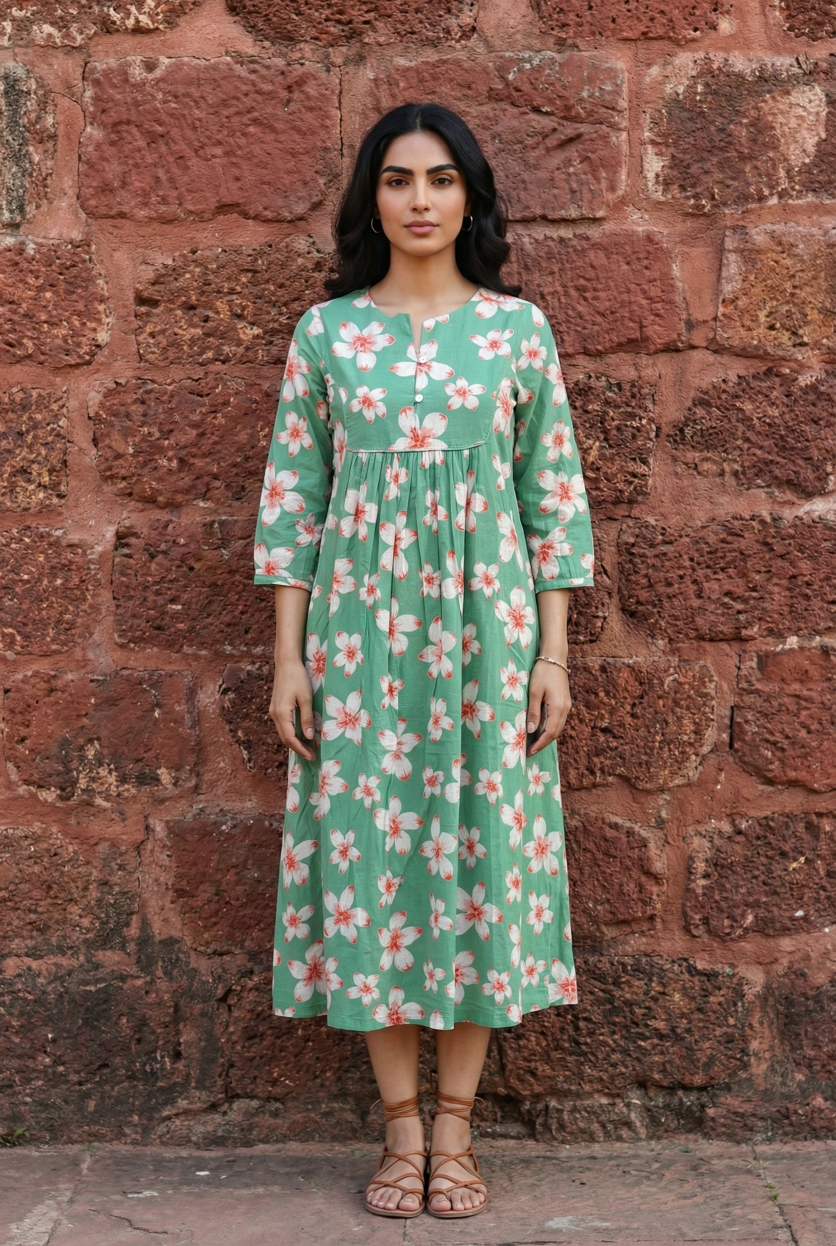 Green Floral Print Round Neck Pure Cotton Nightdress for Women