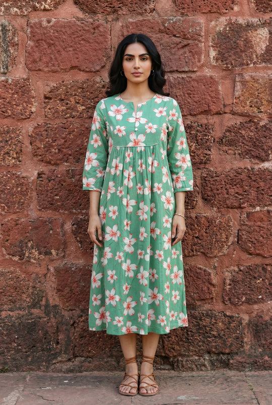 Green Floral Print Round Neck Pure Cotton Nightdress for Women