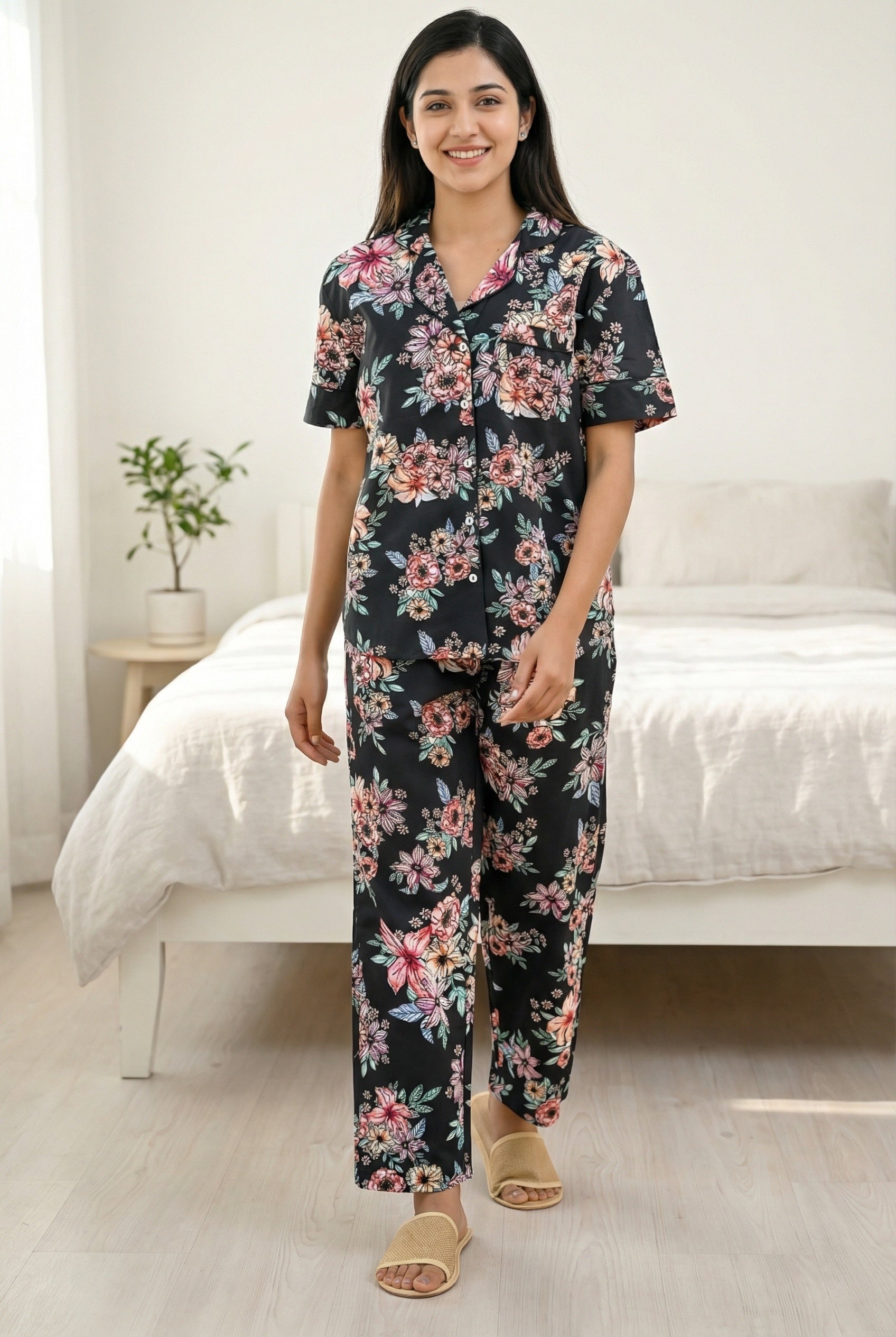 Black Floral Print Shirt Collar Cotton Night Suit Set For Women