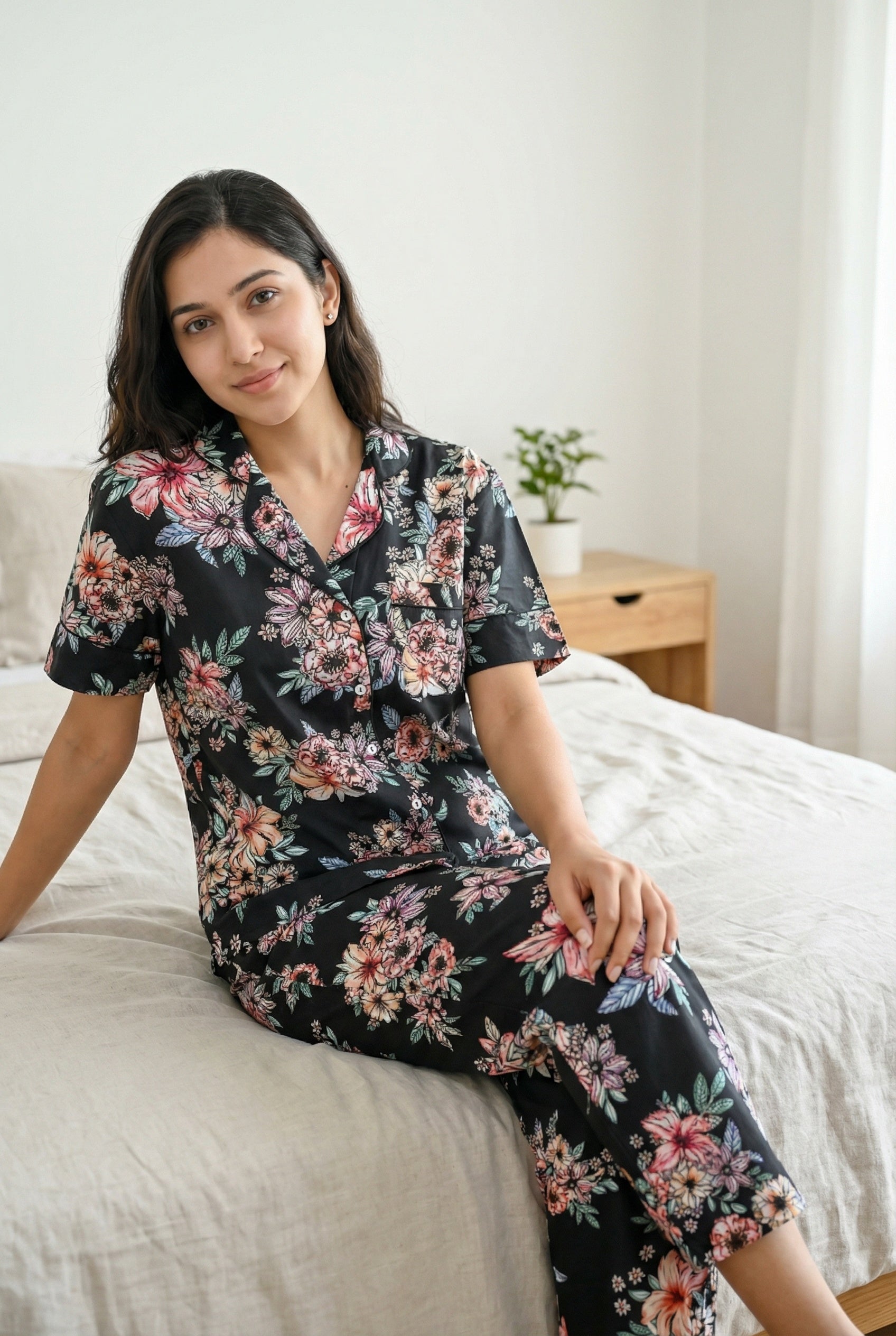 Black Floral Print Shirt Collar Cotton Night Suit Set For Women