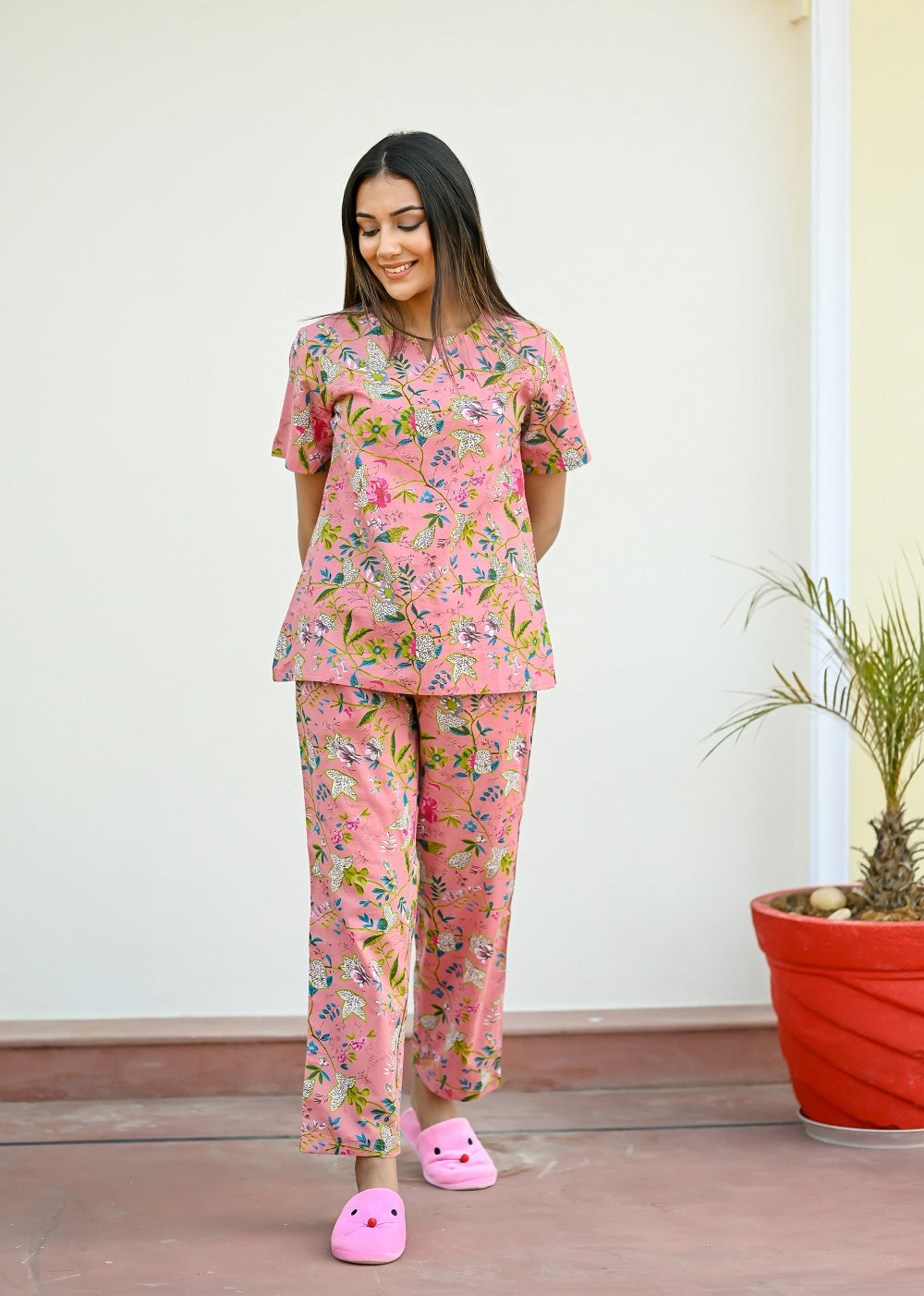 Pink Floral Print Round Neck Cotton Night Suit Set for Women