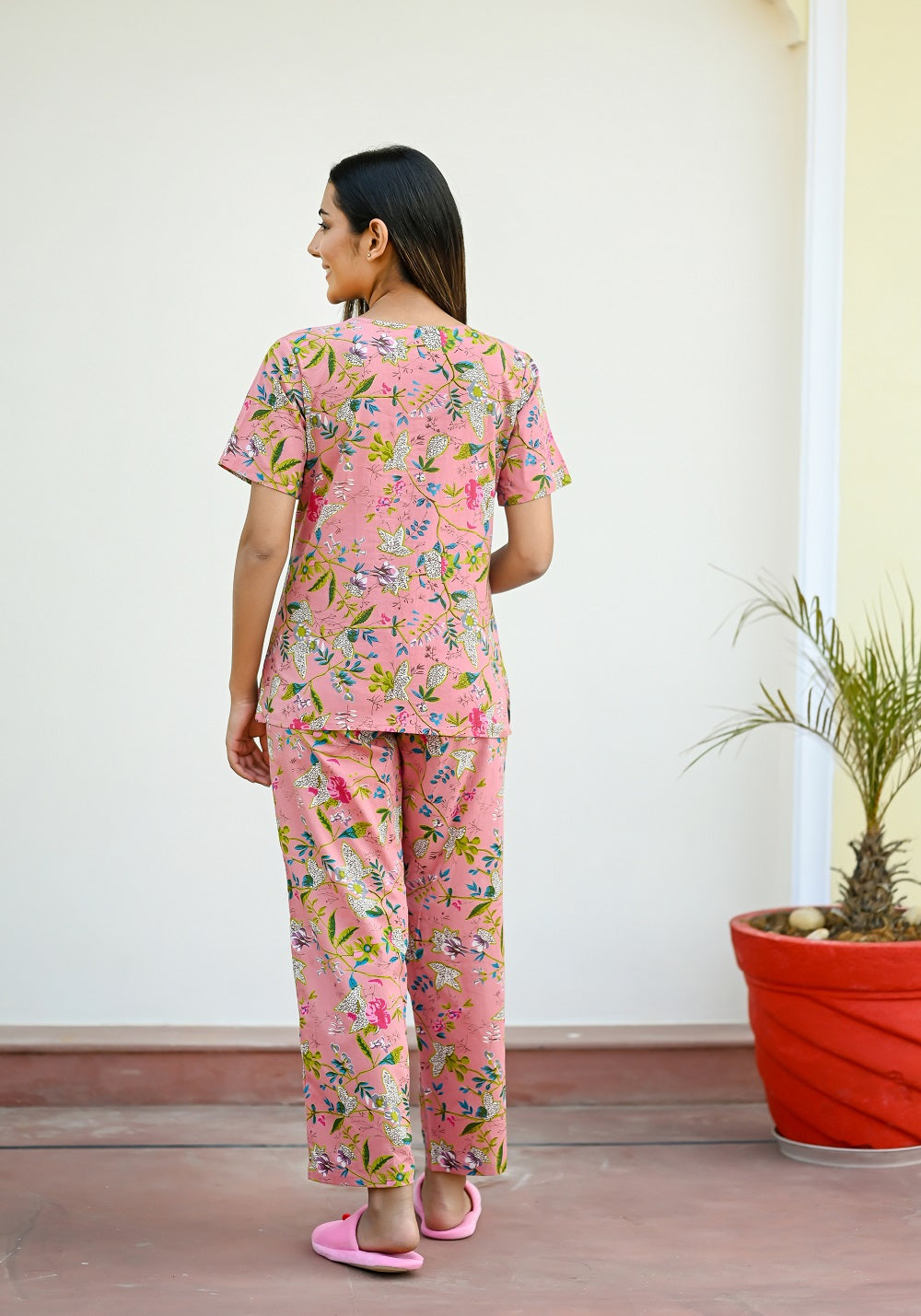Pink Floral Print Round Neck Cotton Night Suit Set for Women