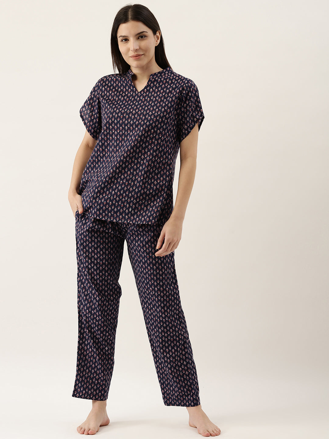 Navy Blue Round Neck Ethnic Motif Pure Cotton Night Suit Set For Women