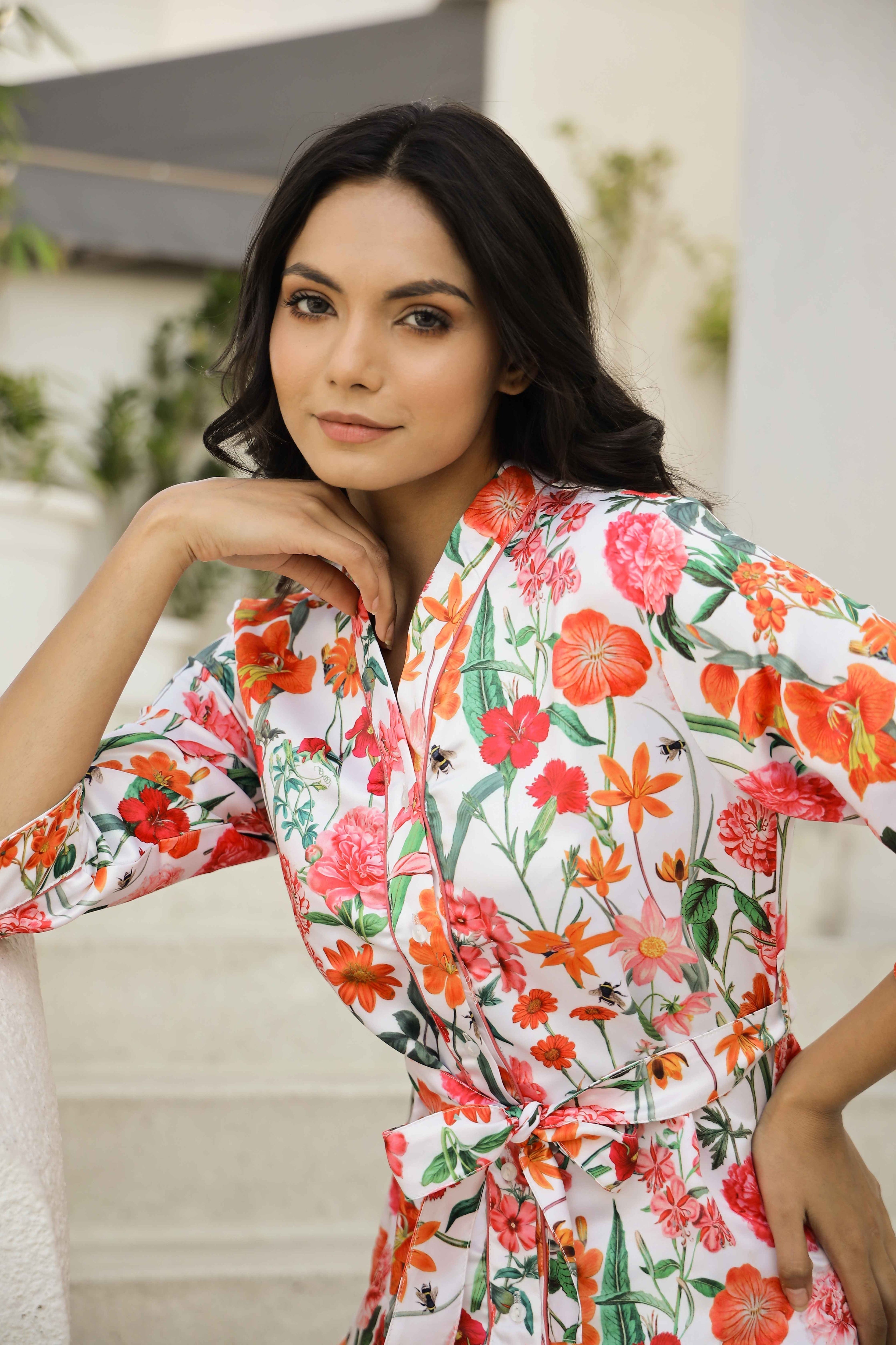 Off White Orange Printed V-Neck Satin Pyjama Night Suit For Women