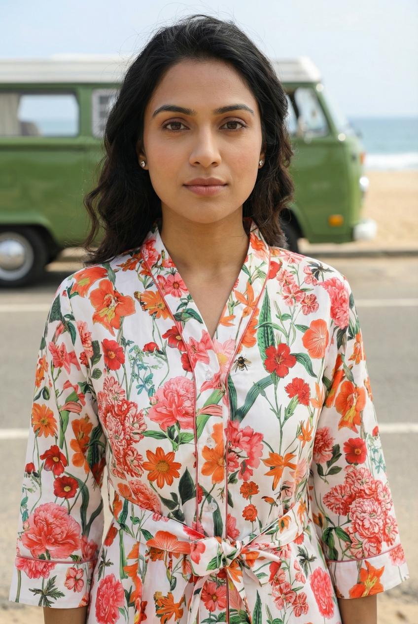 Off White V-Neck Floral Print Satin Night Suit Set for Women