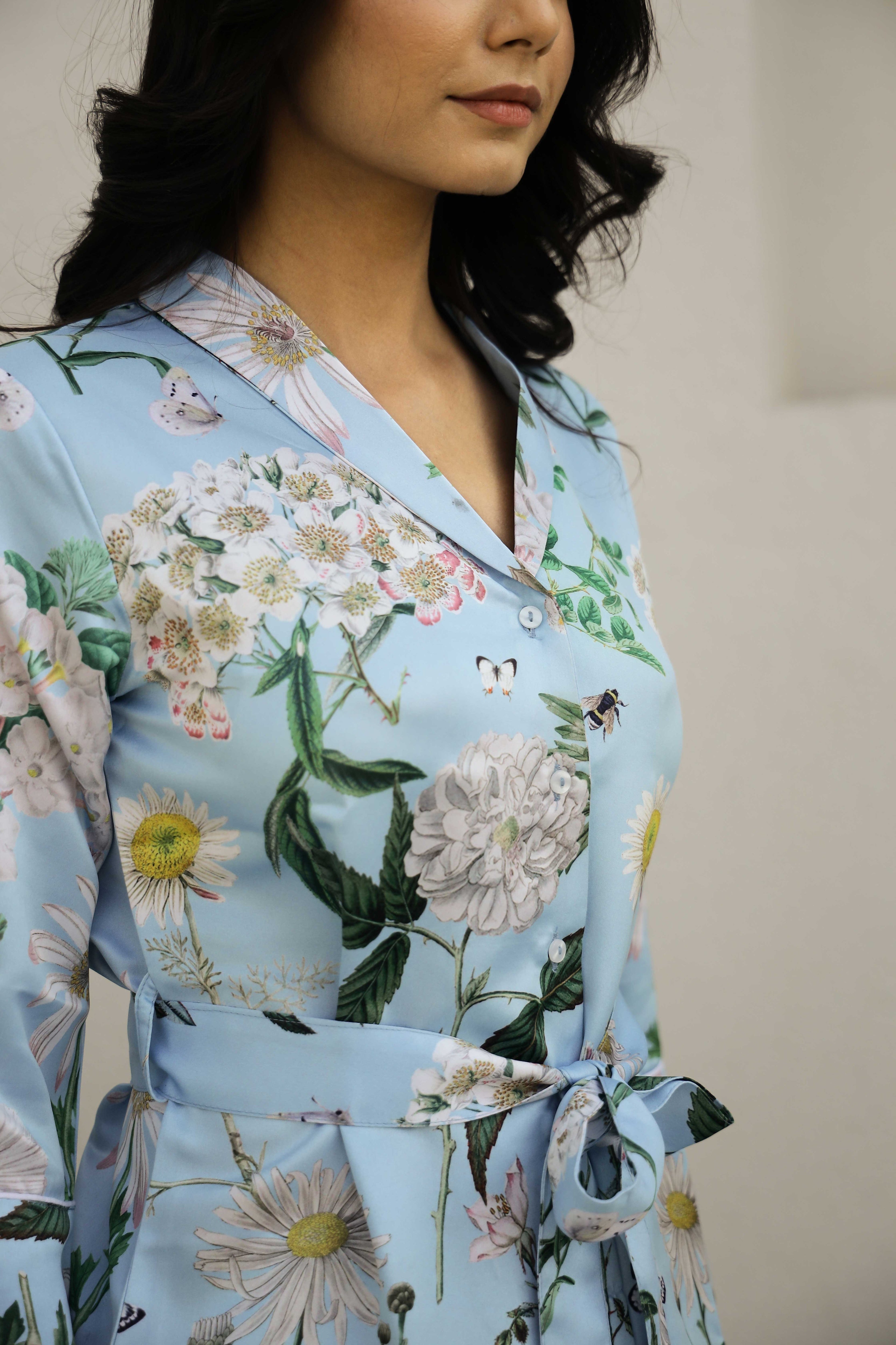 Aqua Blue Printed V-Neck Satin Pyjama Night Suit For Women