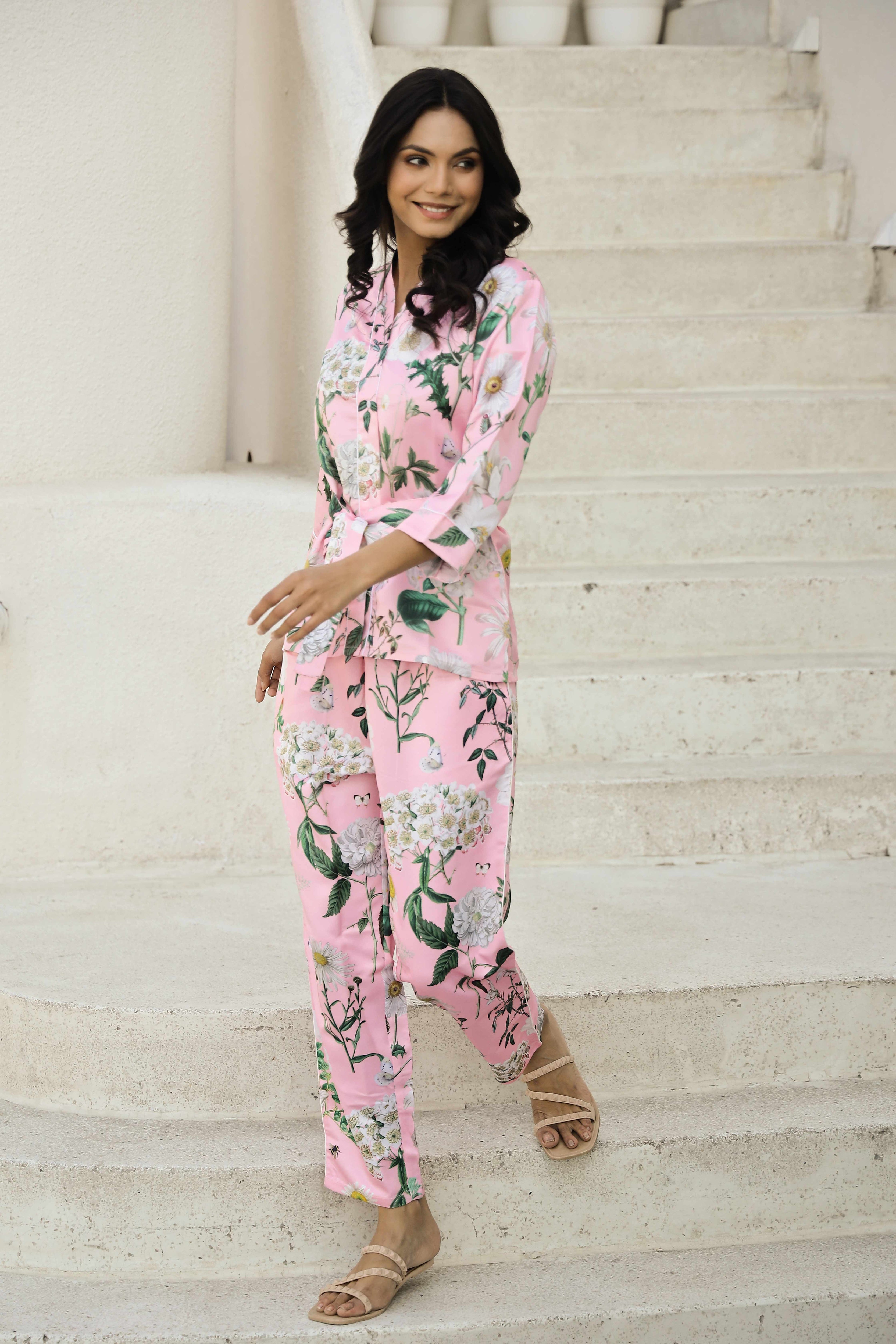 Rose Pink Printed V-Neck Satin Pyjama Night Suit For Women