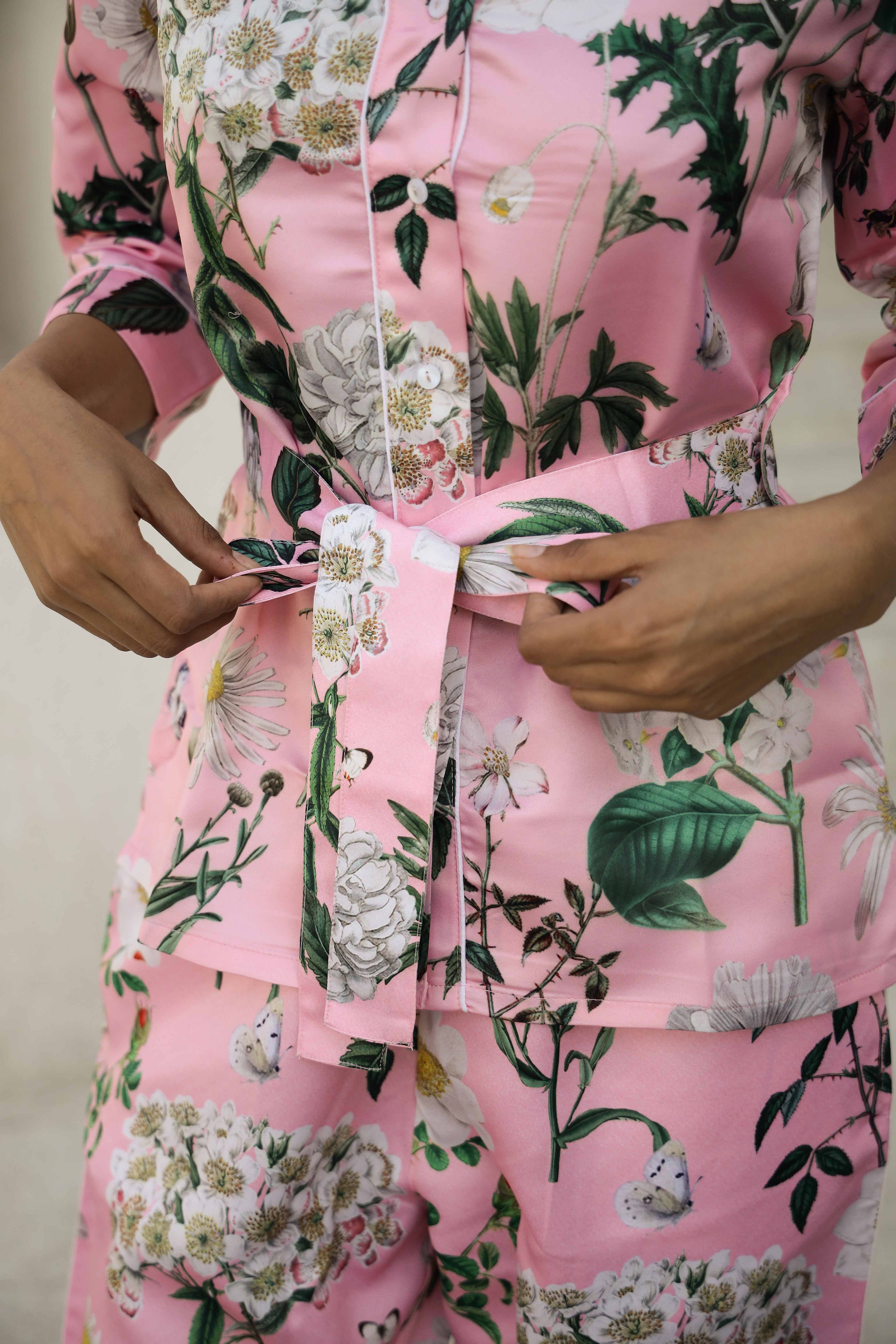 Rose Pink Printed V-Neck Satin Pyjama Night Suit For Women