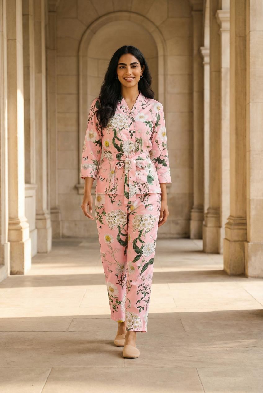 Pink Floral Print V-Neck Pure Cotton Night Suit Set For Women