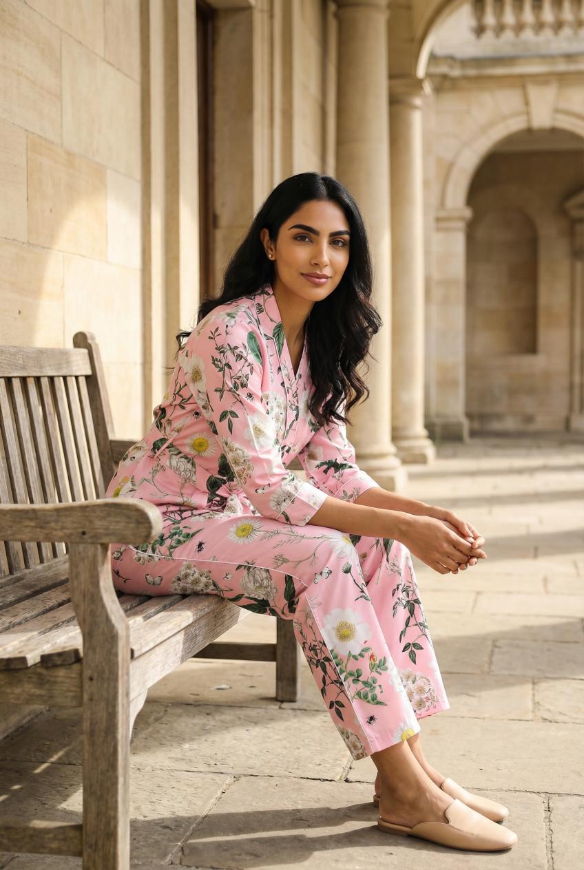 Pink Floral Print V-Neck Pure Cotton Night Suit Set For Women