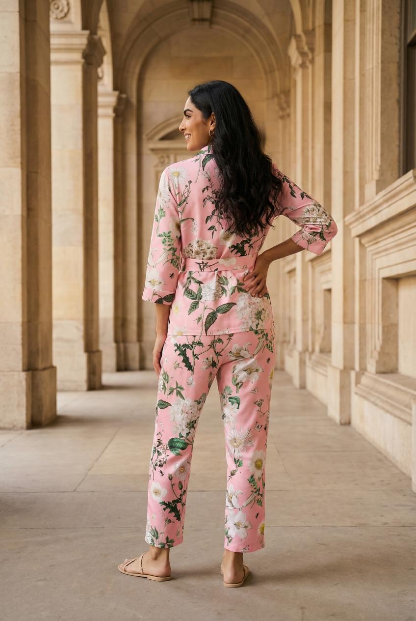 Pink Floral Print V-Neck Pure Cotton Night Suit Set For Women