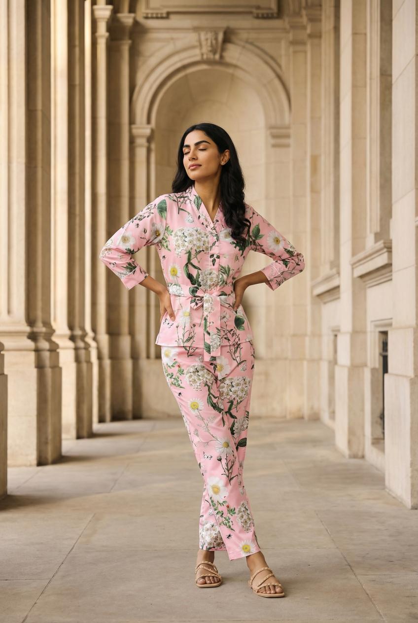 Pink Floral Print V-Neck Pure Cotton Night Suit Set For Women
