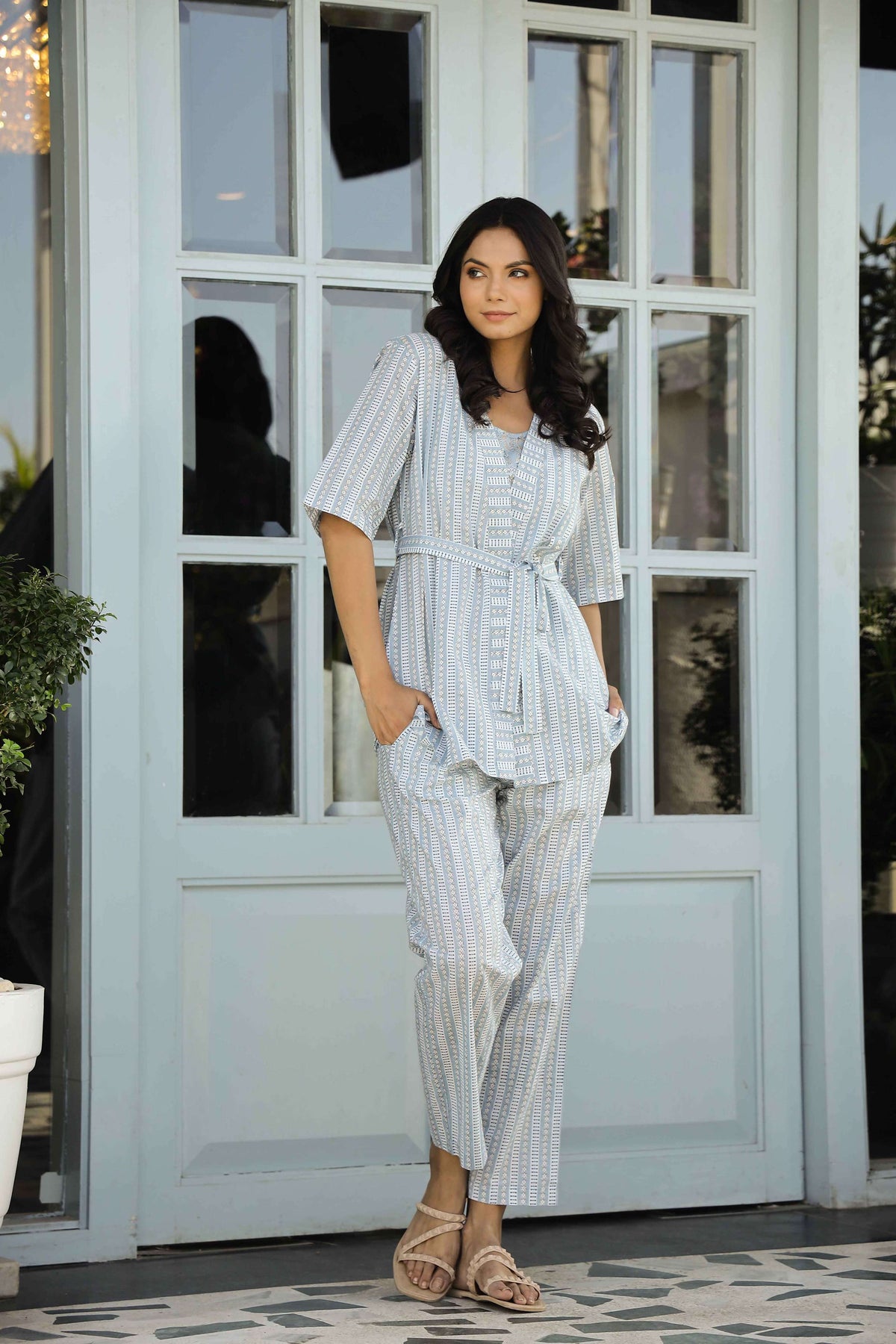 Pale Blue & White Printed Pure Cotton Shrug Night Suit