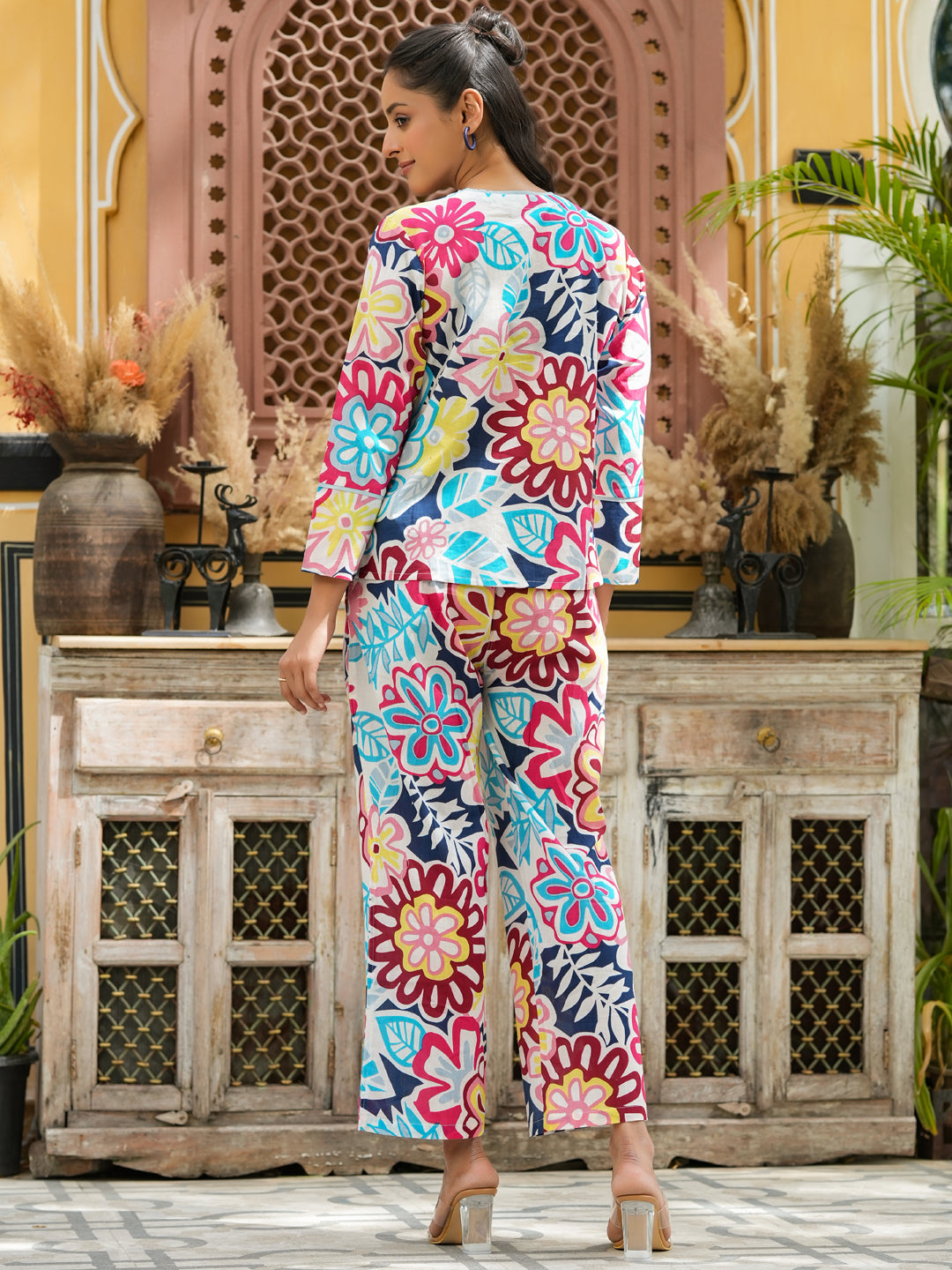 Multi-Color V-Neck Floral Print Pure Cotton Night Suit For Women