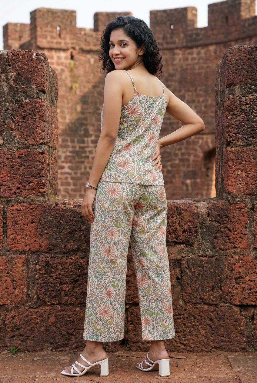 Beige Floral Print Round Neck Pure Cotton Night suit