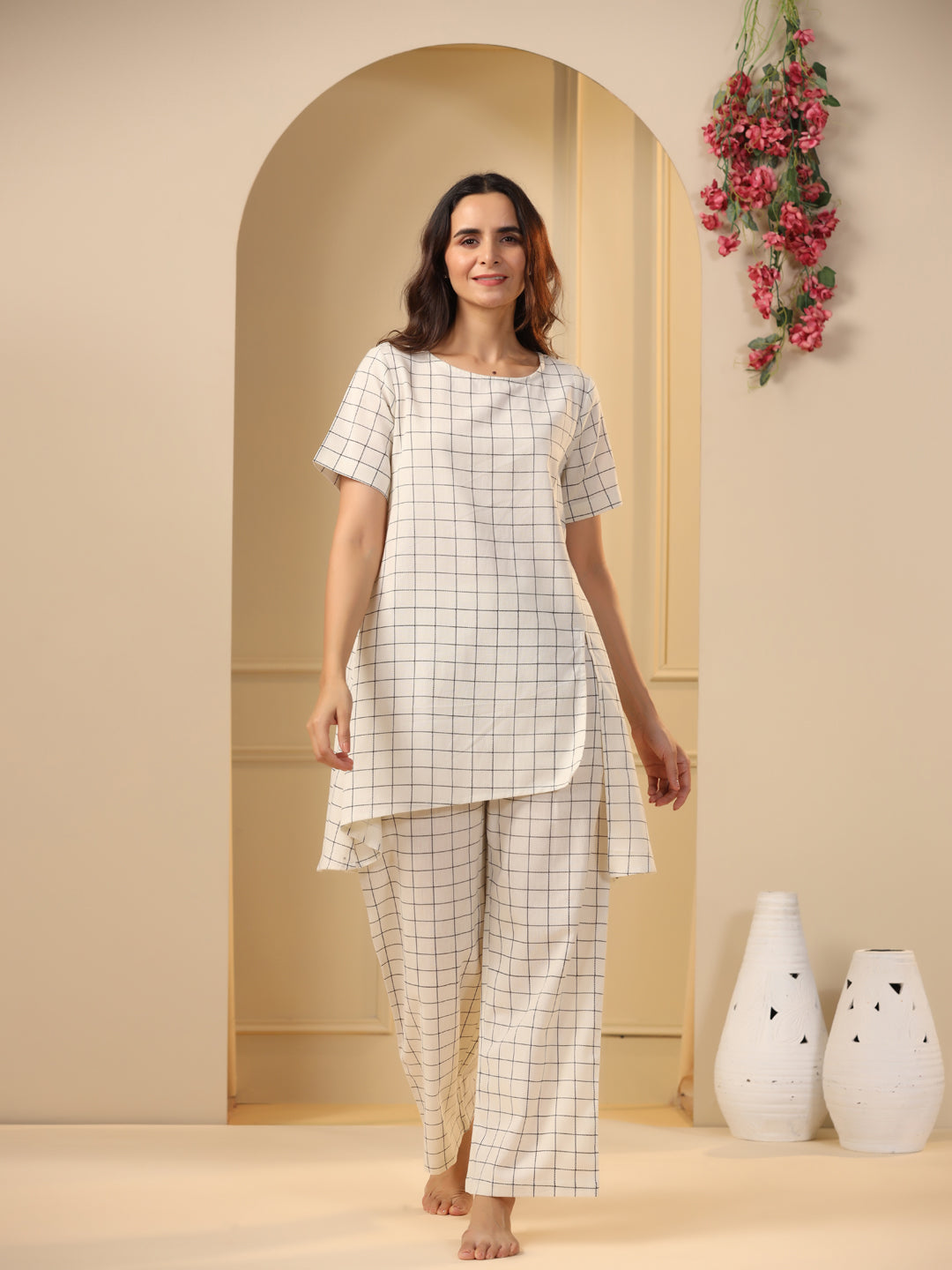 Off White Round Neck Checks Cotton Night Suit For Women