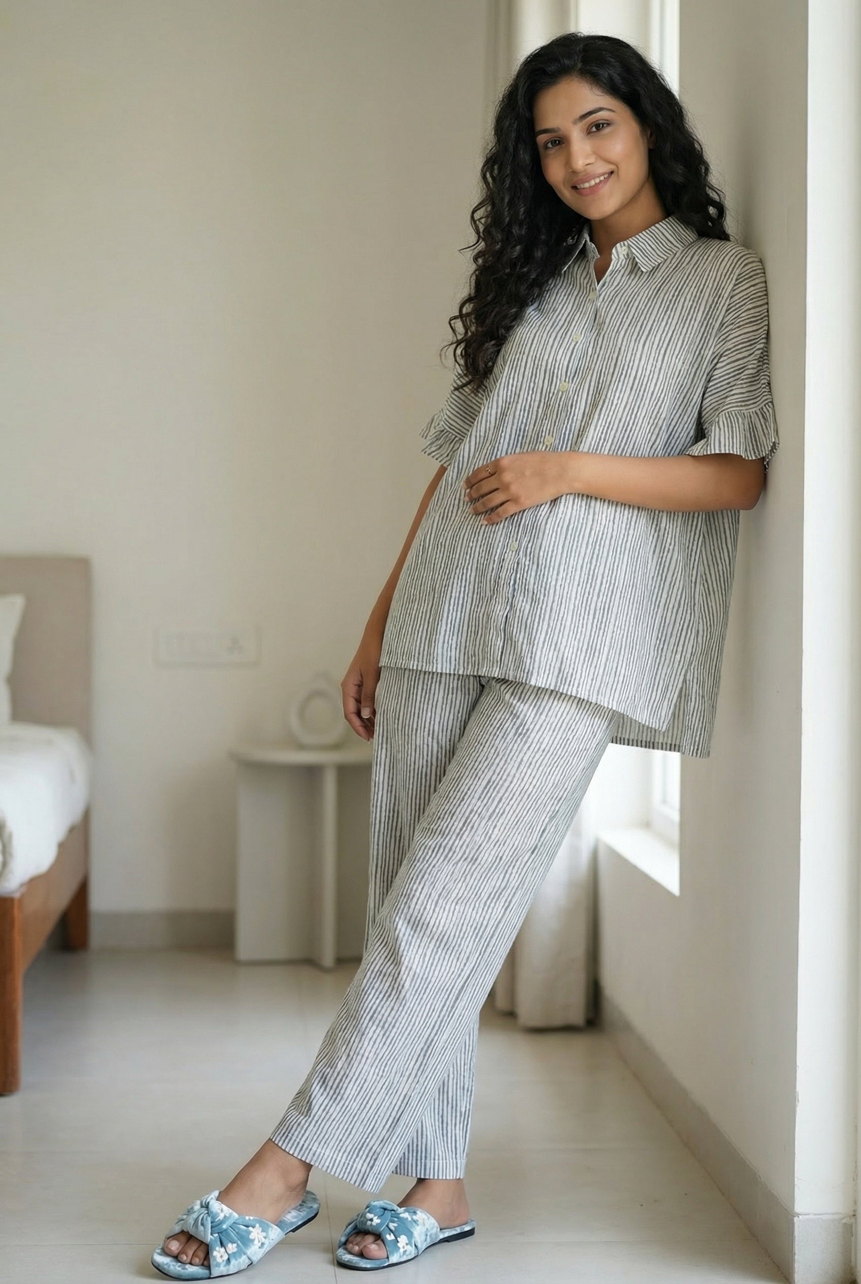 Grey Stripes Print Shirt Collar With Short Sleeve Pure Cotton Night Suit For Women