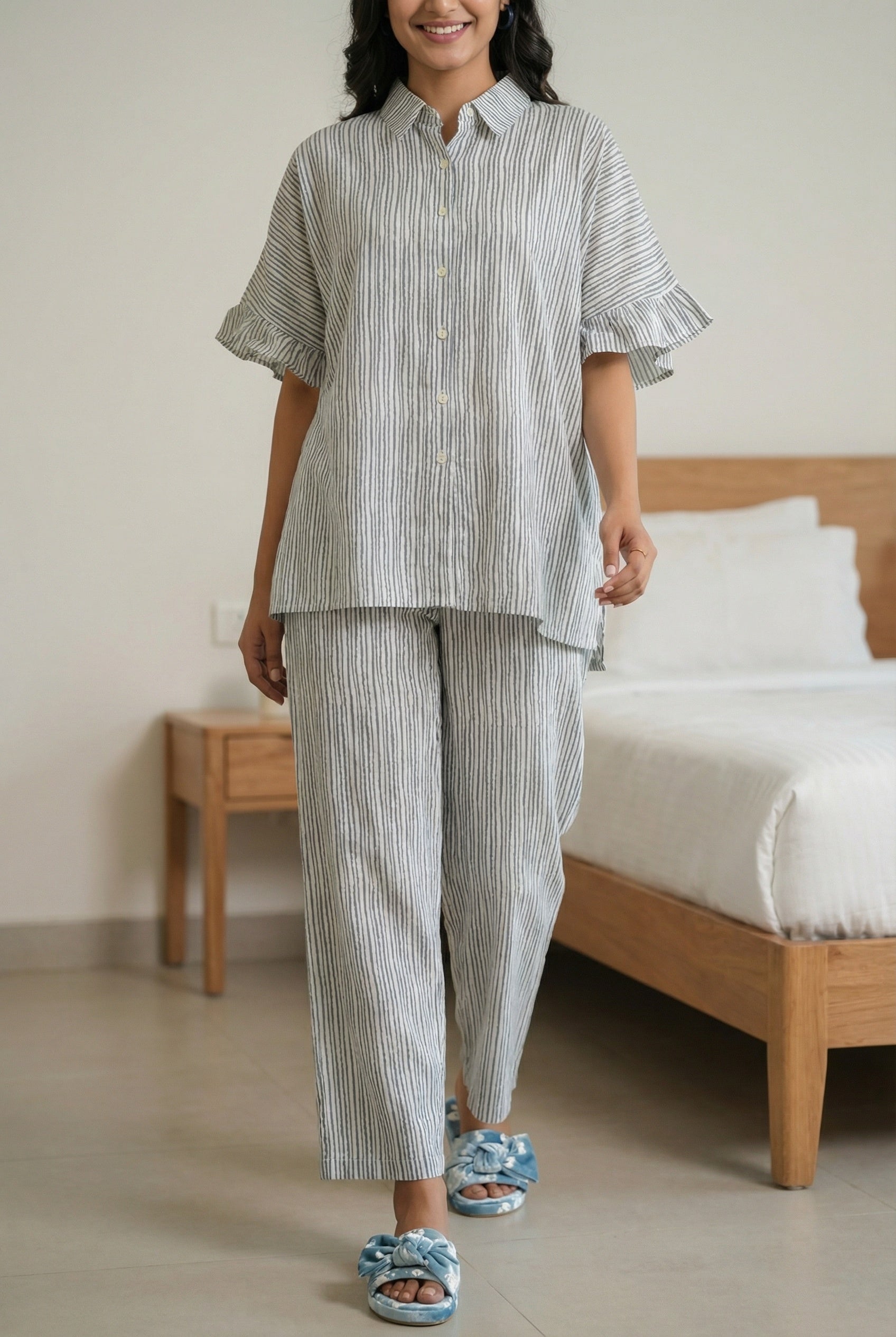 Grey Stripes Print Shirt Collar With Short Sleeve Pure Cotton Night Suit For Women