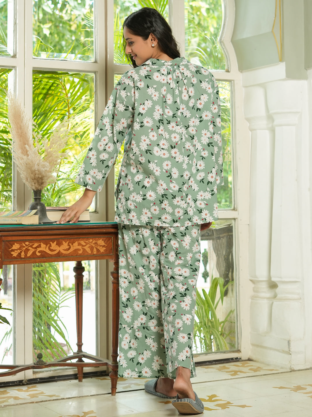 Green Floral Printed Cotton Night Suit Set