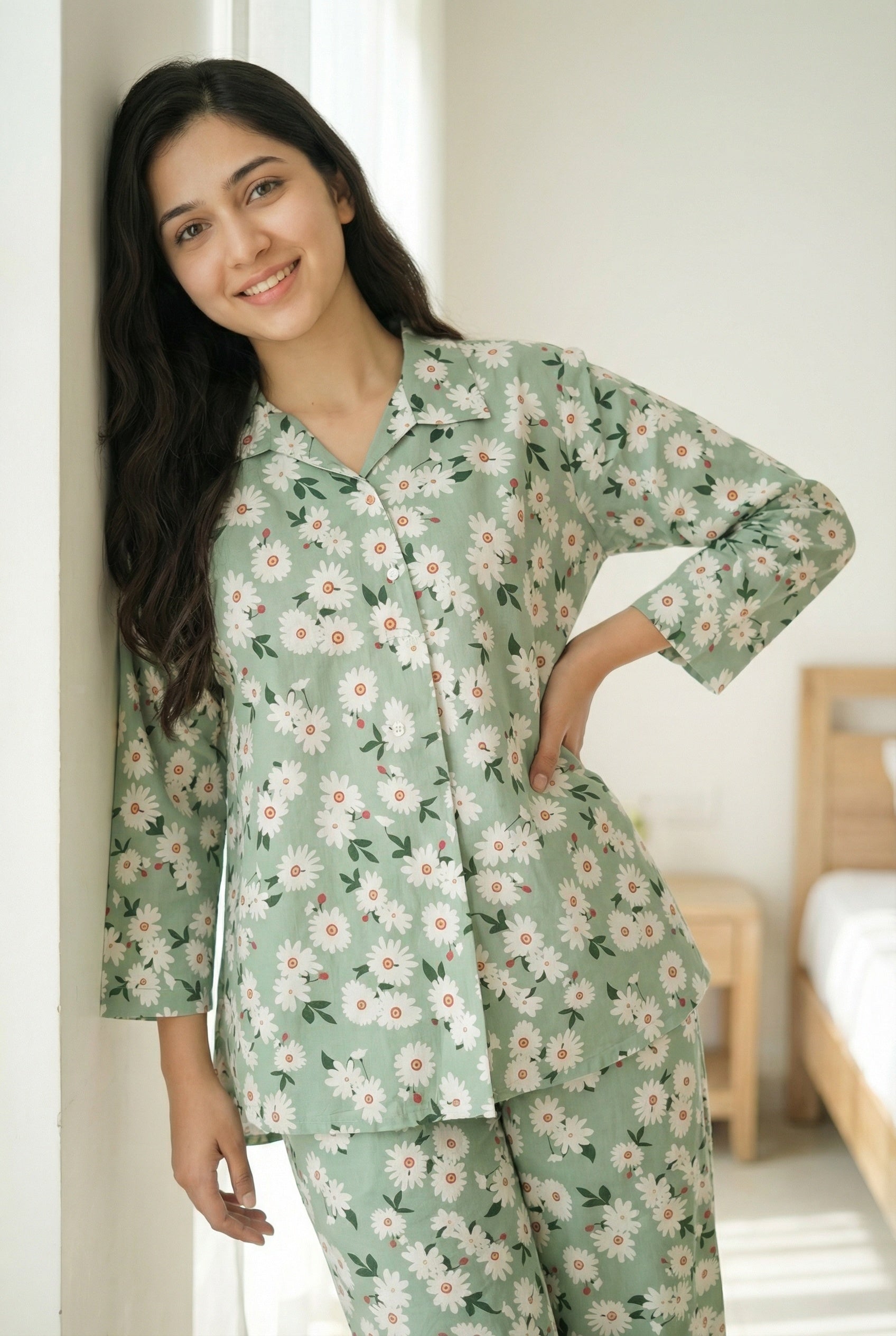 Green & White Floral Print Shirt Collar Pure Cotton Night Suit For Women