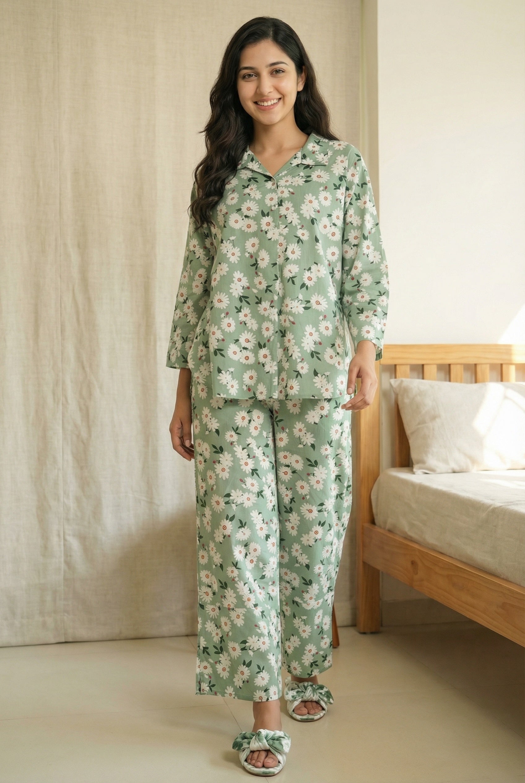 Green & White Floral Print Shirt Collar Pure Cotton Night Suit For Women