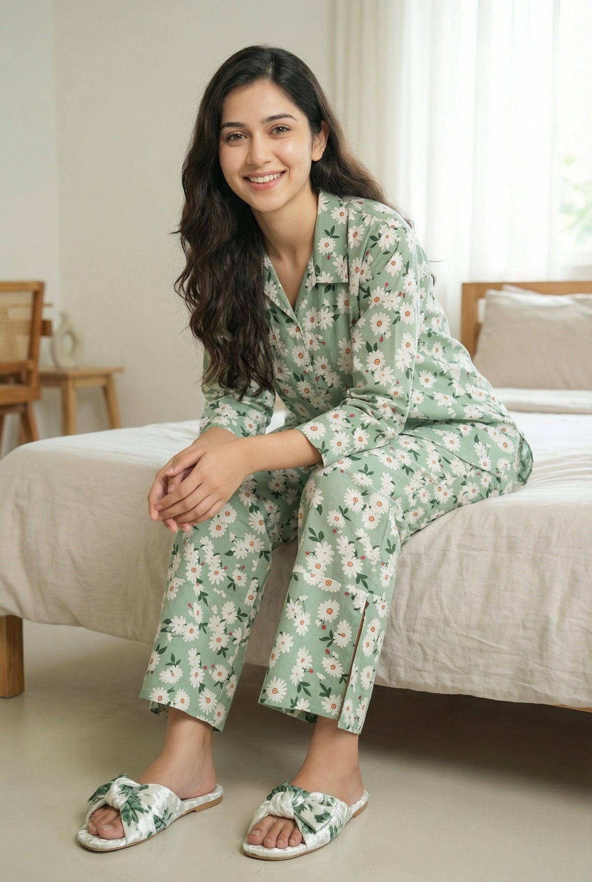 Green Floral Printed Cotton Night Suit Set