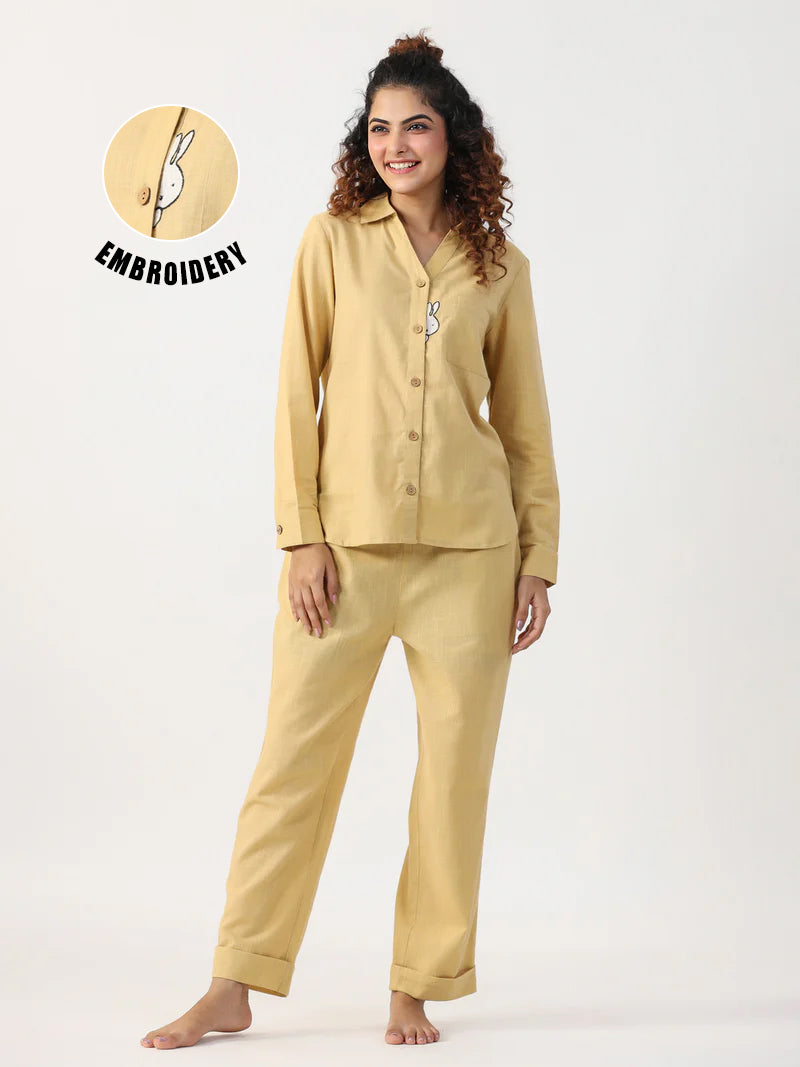 Beige Solid Night Suit