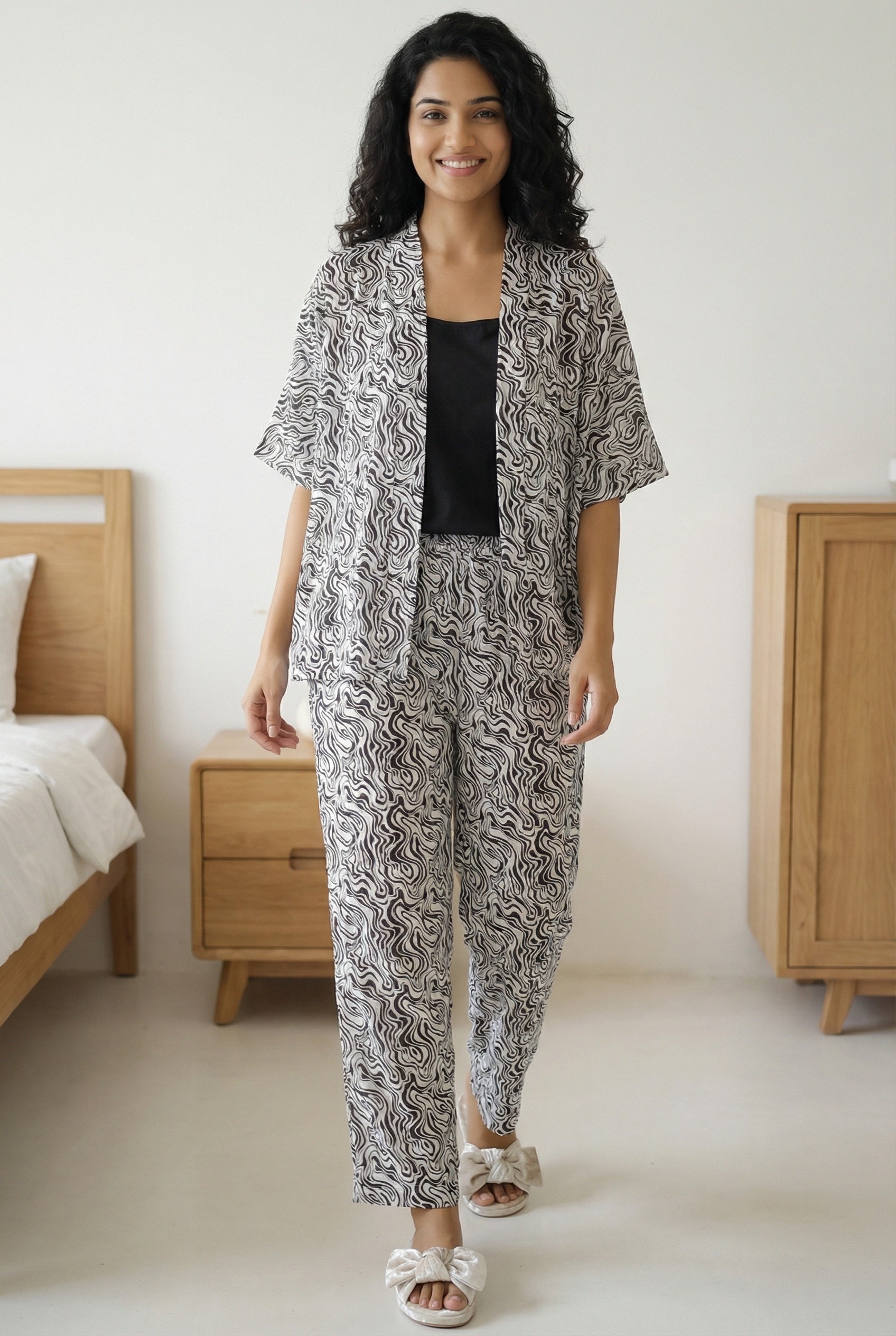 White Abstract Print V-Neck Pure Cotton Night Suit For Women