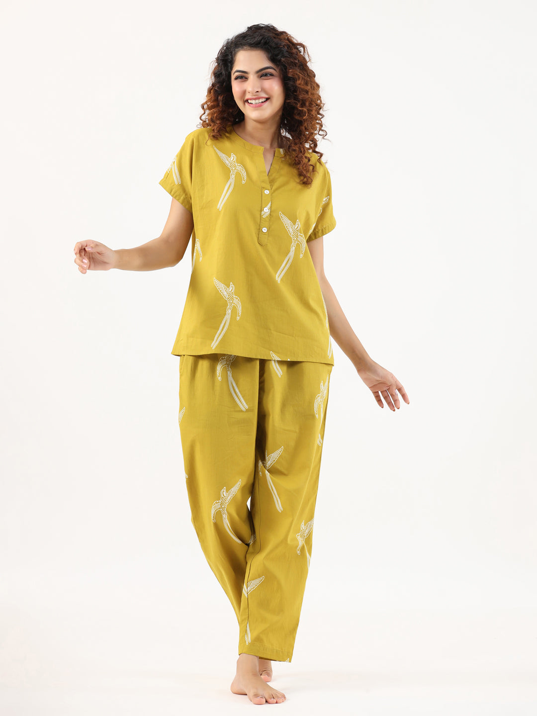 Mustard & White Conversational Print Cotton Night Suit Set For Women