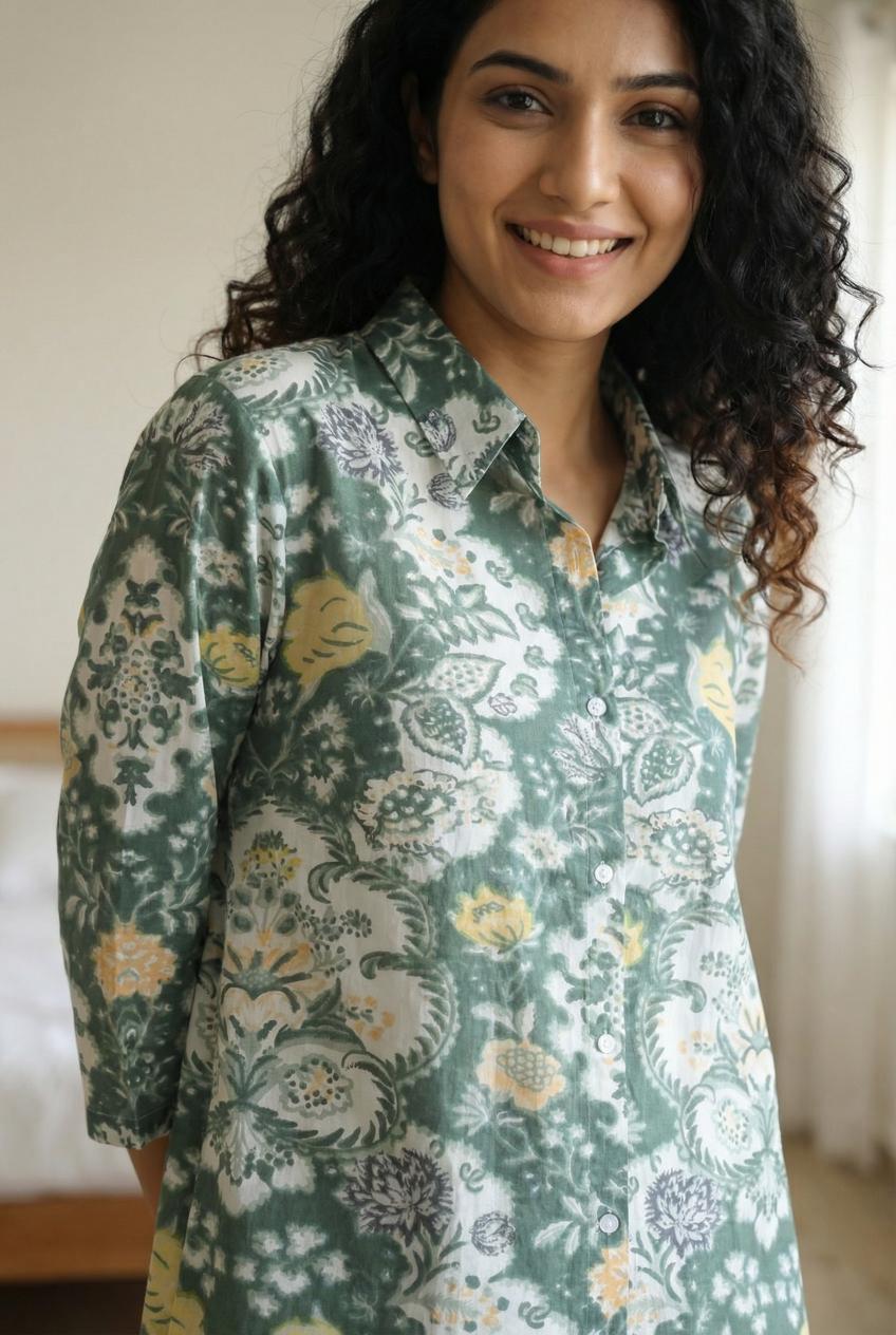 Green Floral Print Shirt Collar Pure Cotton Night Suit For Women