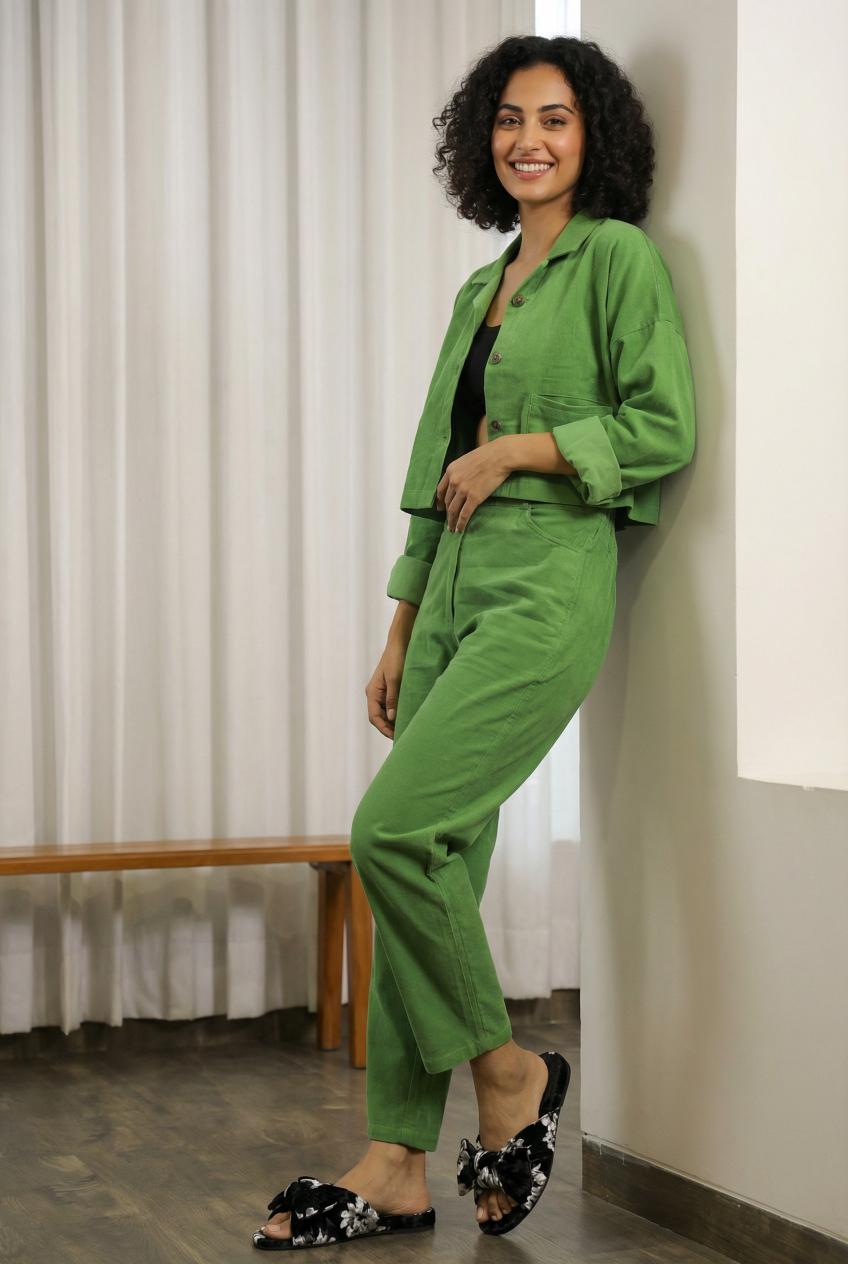 Green Lapel Collar Shirt With Trousers Cotton Blend Night Suit Set For Women