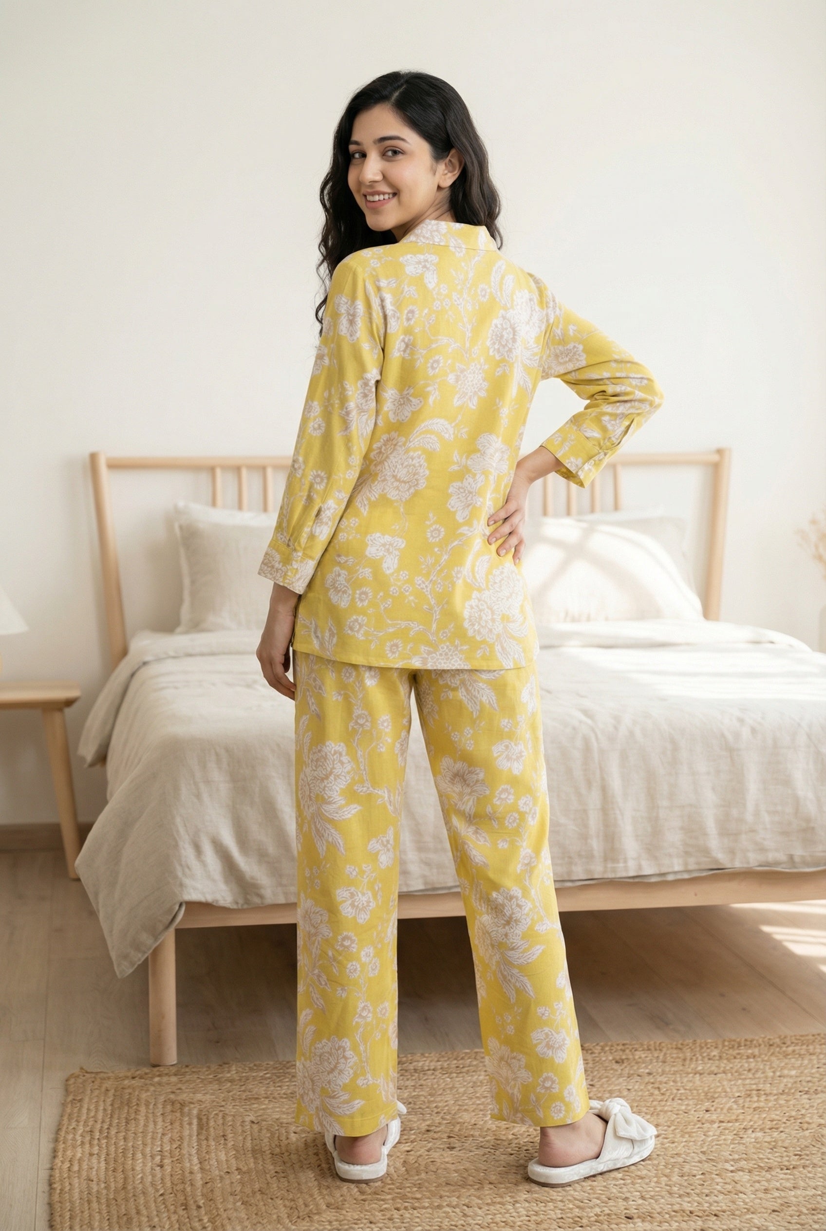 Yellow Floral Print Shirt Collar Night Suit For Women