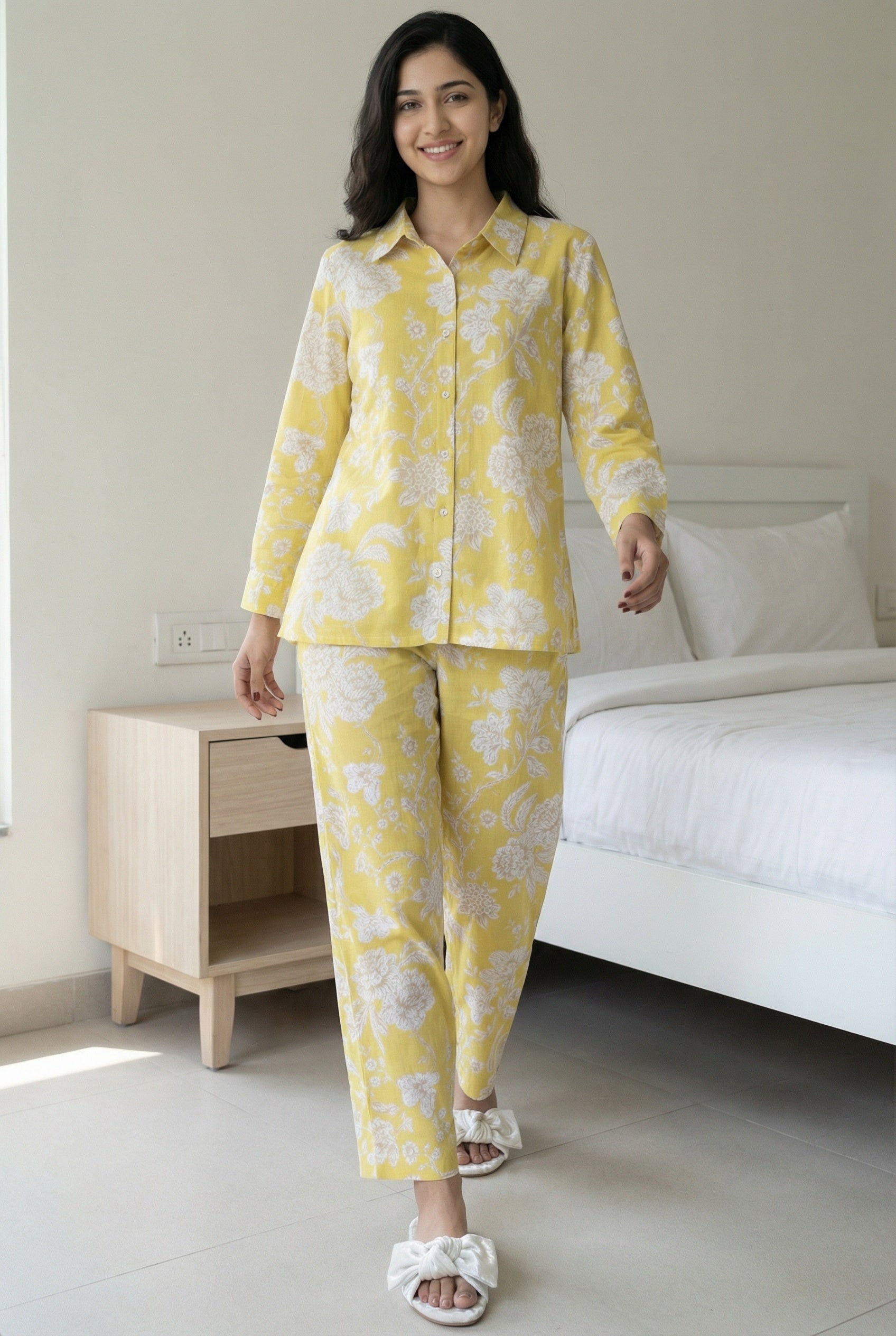 Yellow Floral Print Shirt Collar Night Suit For Women