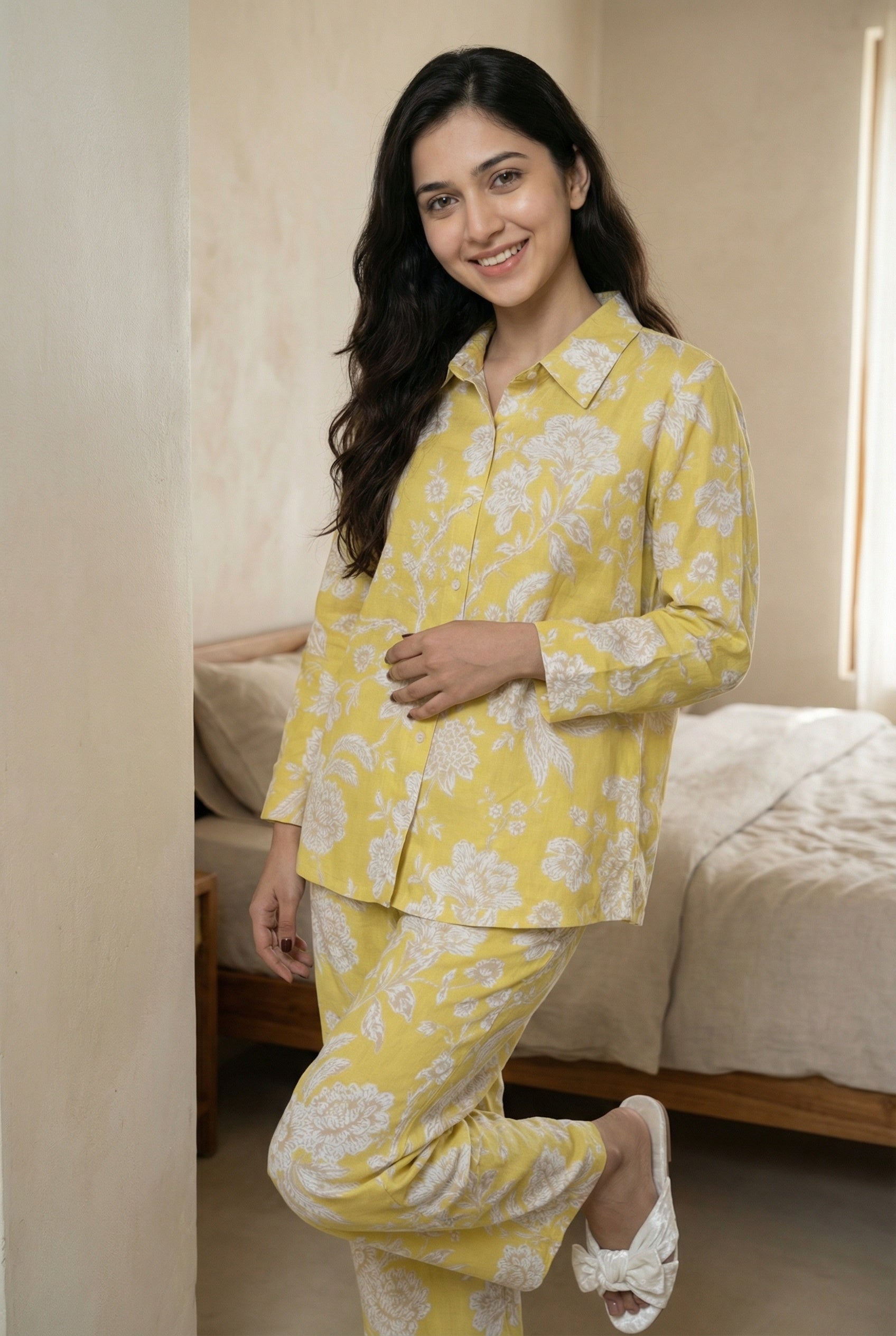 Yellow Floral Print Shirt Collar Night Suit For Women