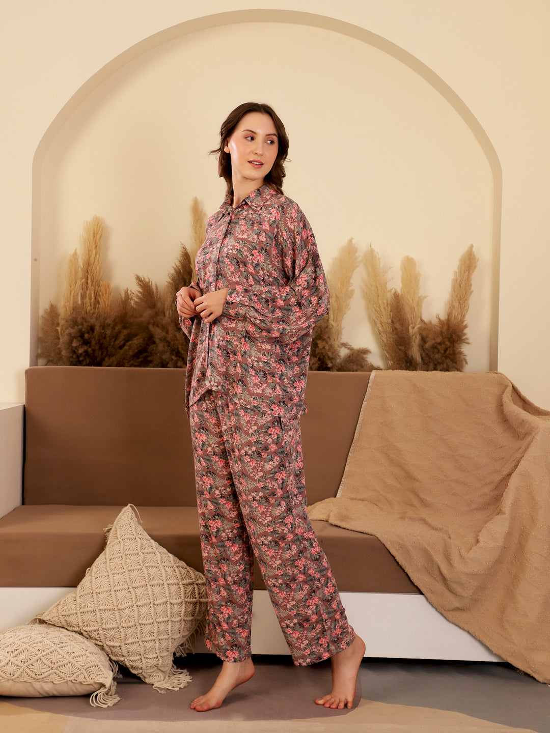 Floral Printed Full Sleeve Night Suit For Women